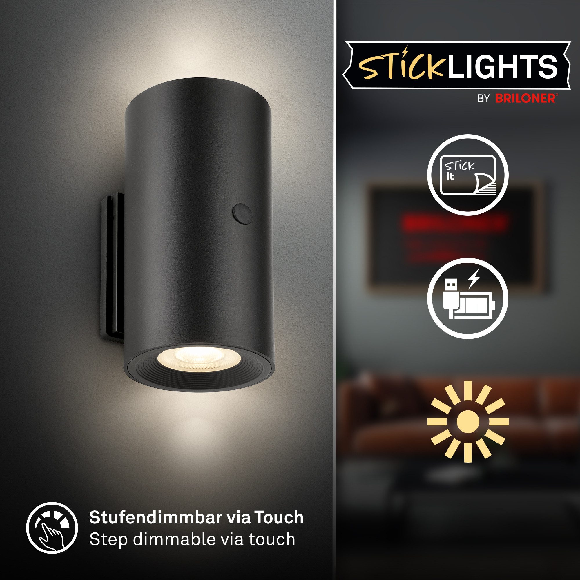 Briloner Leuchten LED Wandleuchte Dimmbar Touchfunktion Kabellos Warmweiß, LED fest integriert