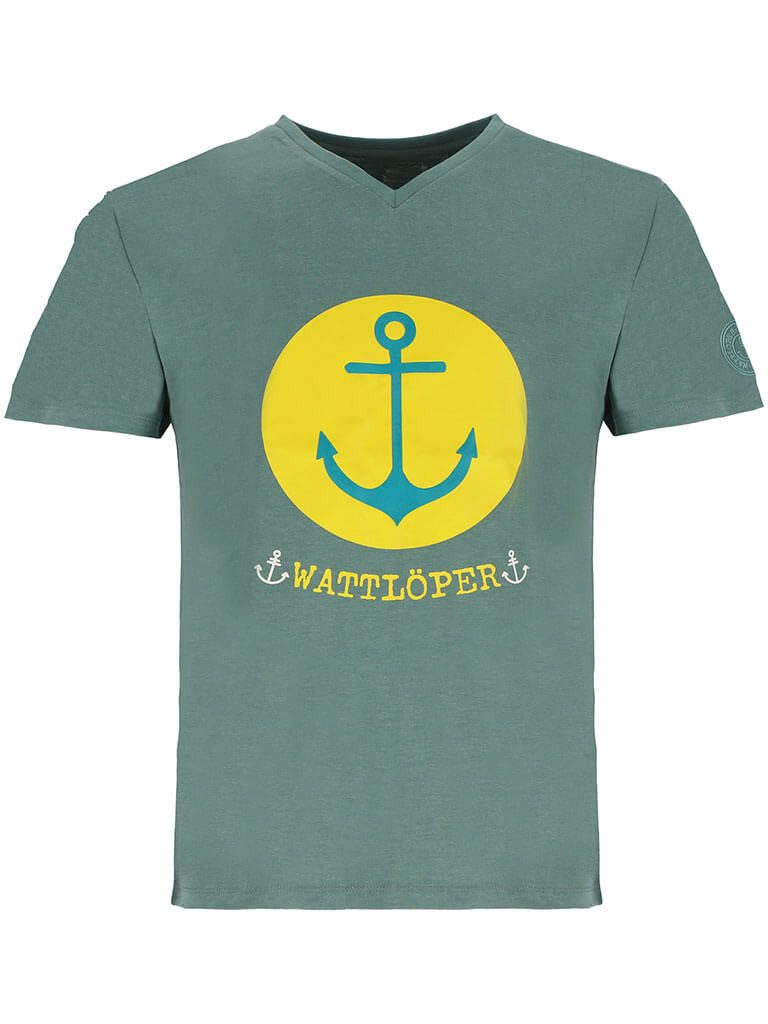 Wattlöper T-Shirt 11371 Herren Kurzarm-Shirt Anker-Prägedruck Kreis-Print & Schriftzug Sommershirt & Freizeitshirt mit V-Ausschnitt - hochwertige Details