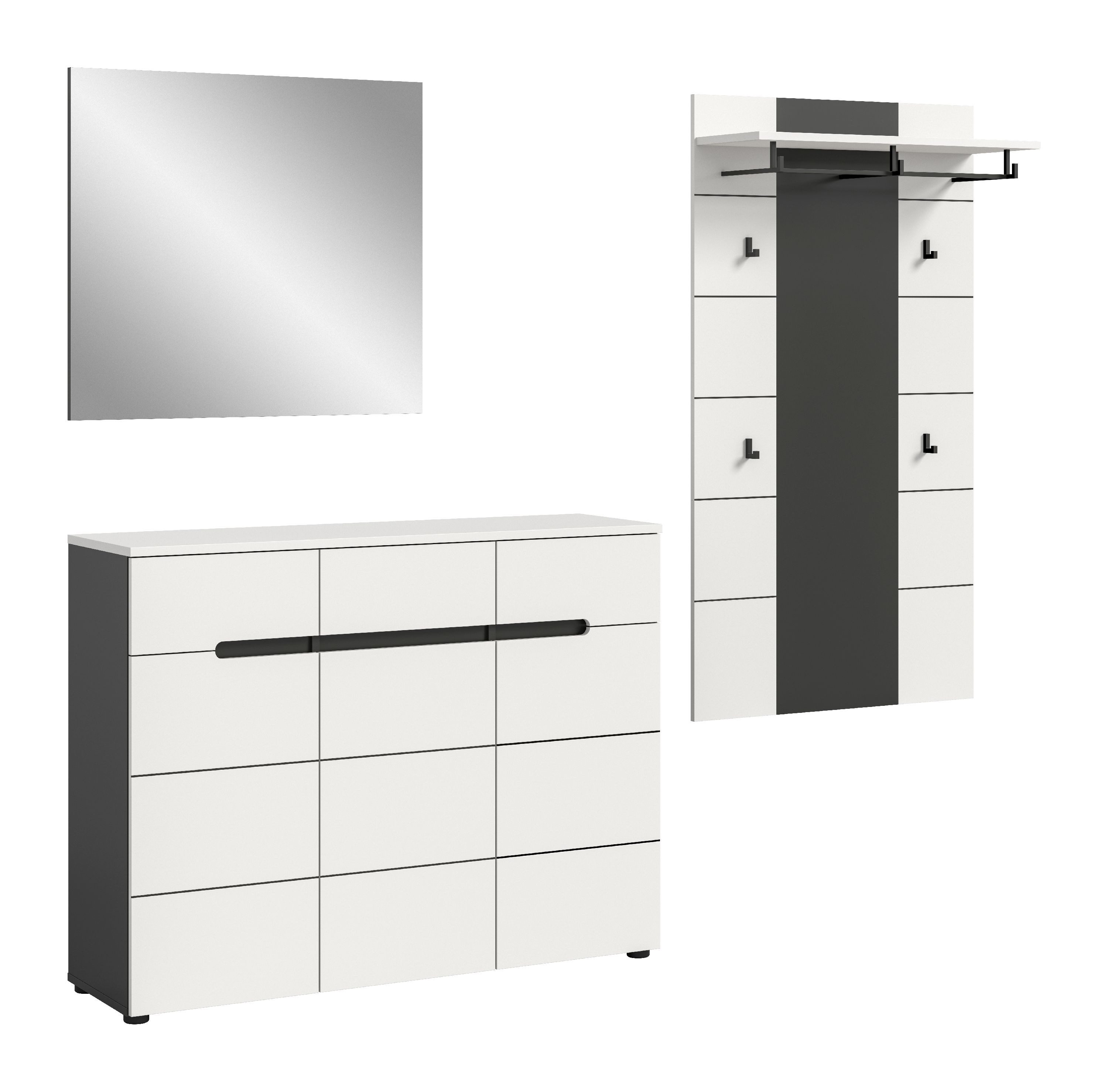 xonox.home Garderoben-Set Canu, (3tlg. Set inkl. Paneel, Schuhkommode, Spiegel), Basalt grau Nachbildung Melamin beschichtet modern 215x190x37 cm