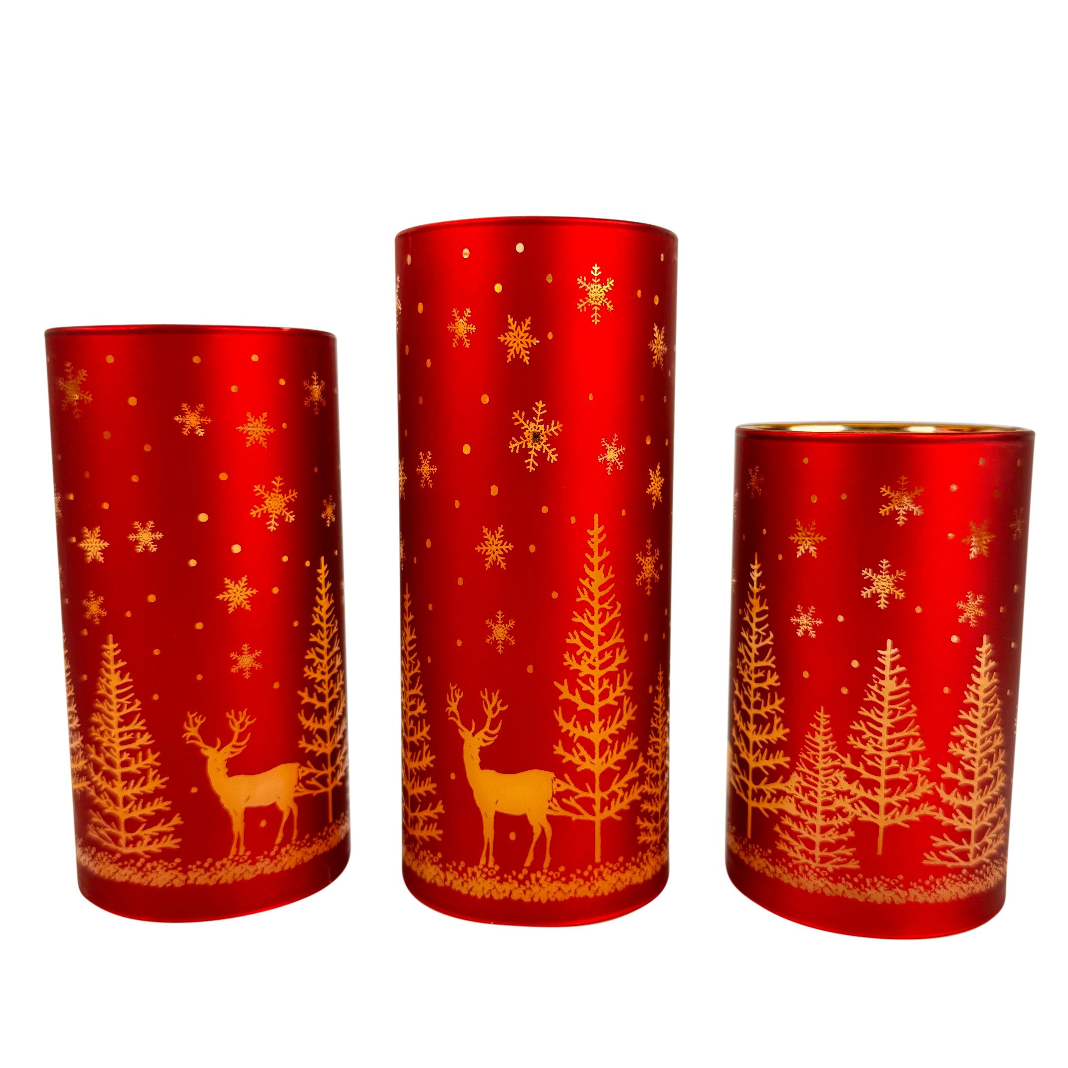 Online-Fuchs LED-Kerze 3 rote LED Kerzen aus Glas mit Timer - Weihnachtsdeko mit Hirschmotiv, realistische Kerzenflamme, warmweiße Beleuchtung, liebevolle Winte – Bild 2 von 5