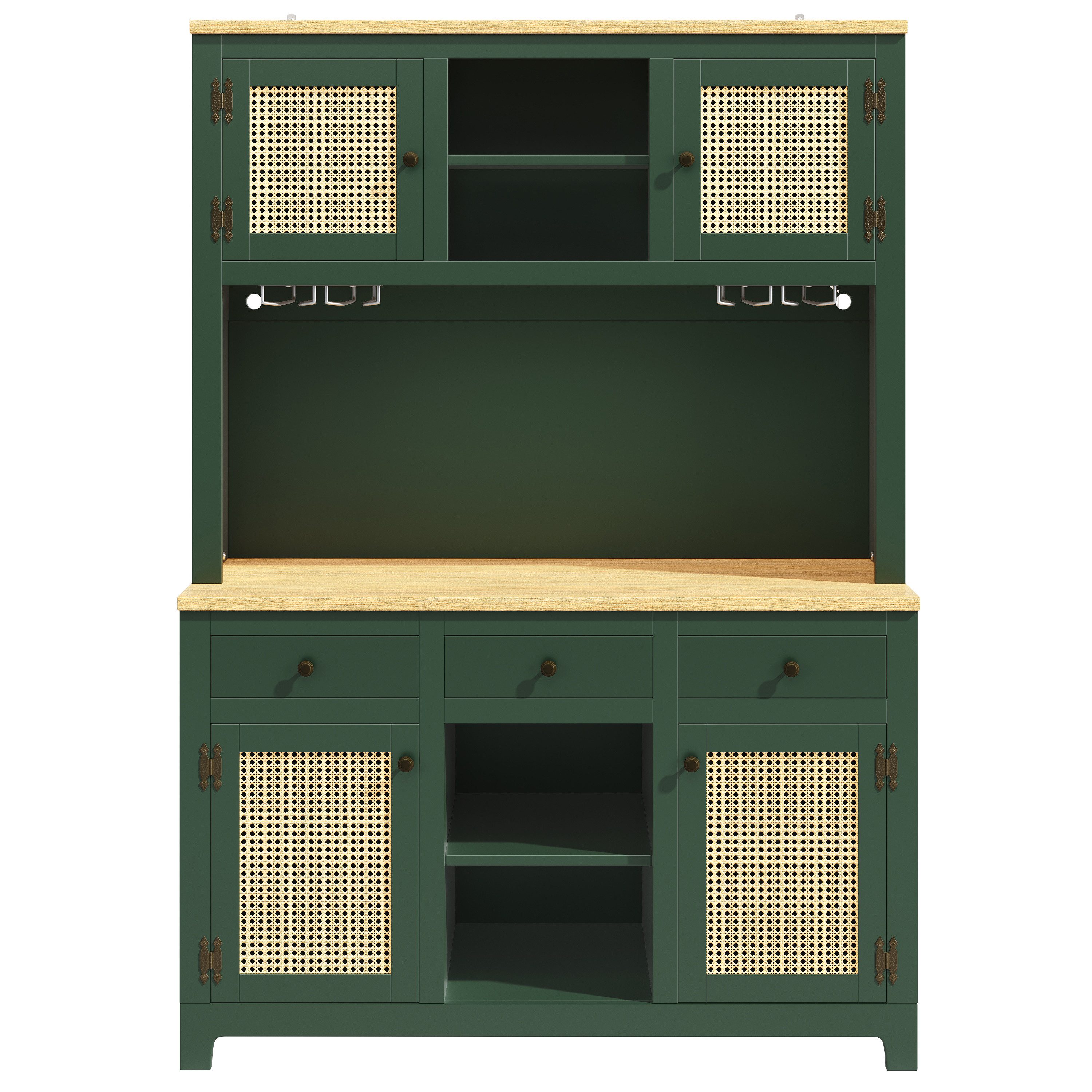 Flieks Küchenbuffet mit Arbeitsplatte in Holzoptik, Rattantüren und Gläserhalter (1-St., B120/T40/H180 cm) Hochschrank Küchenschrank Geschirrschrank mit verstellbare Ablagen
