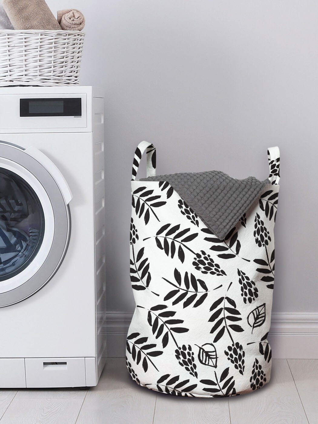 Abakuhaus Wäschesäckchen Wäschekorb Kordelzugverschluss mit Griffen und Handgezeichnete weiß Schwarz Waschsalons, für Floral
