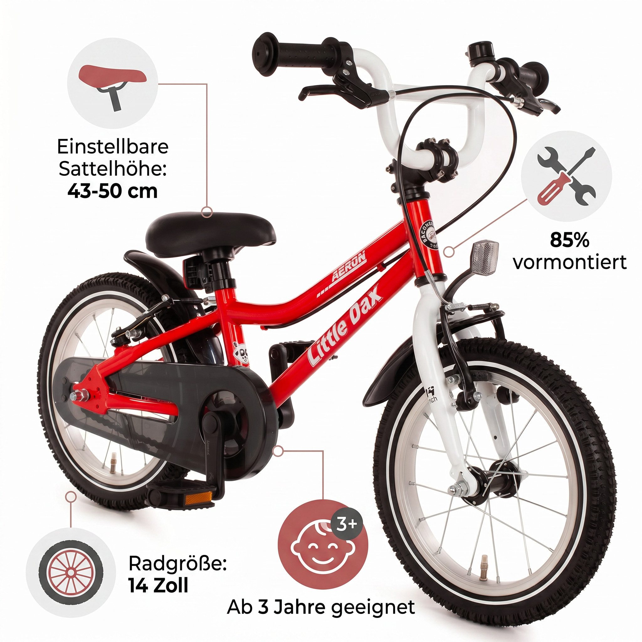 Bachtenkirch Kinderfahrrad Little Dax Fahrrad ab 3 Jahre leicht Jungen Mädchen 14 16 18 Zoll, Wählbar. Silber, Blau, Rot, 14 Zoll, 16 Zoll, 18 Zoll