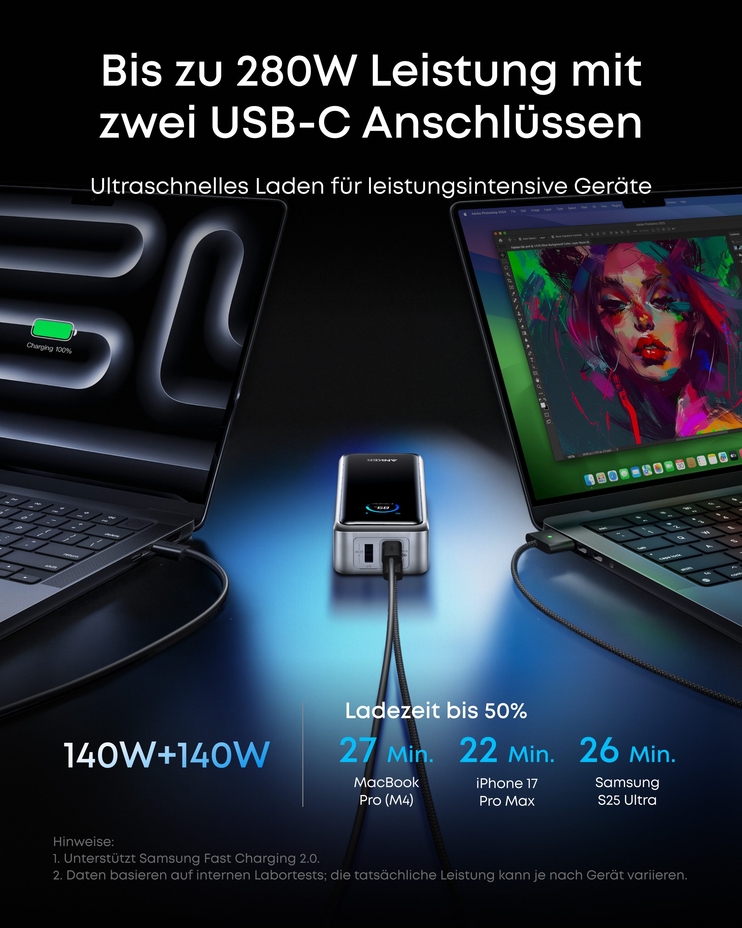 Anker Anker Prime Powerbank 26250mAh, 300W max, bidirektionales Laden Powerbank 250W Dual-Input & 140W Single-Port, TSA-zugelassen, App-Steuerung, Display 26250 mAh (5 V), kompatibel mit MacBook Pro & iPhone 17/16 (ohne Ladebasis)