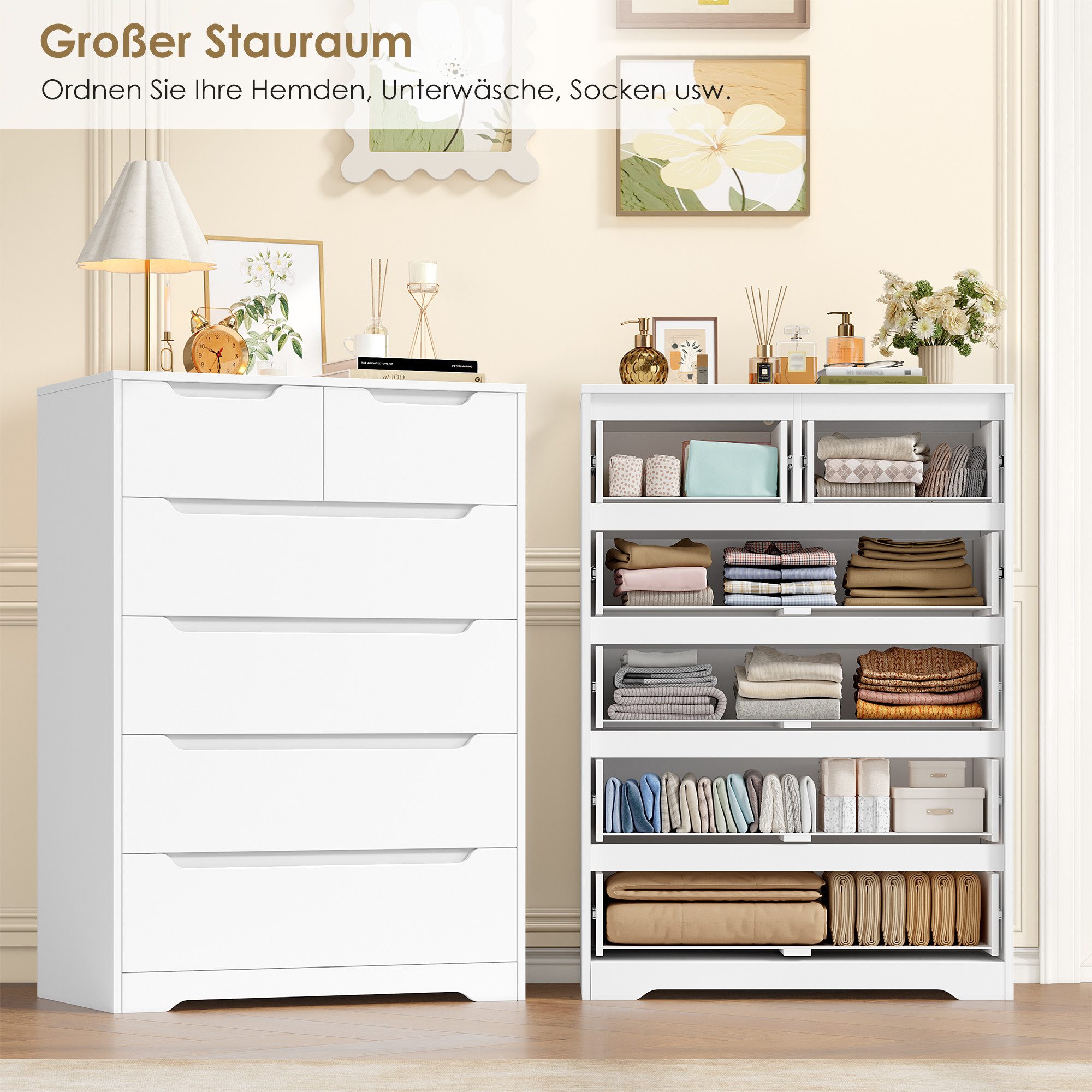 HOMECHO Kommode (1 St), mit 6 schubladen, Sideboard Highboard mit Viel Stauraum, Weiß