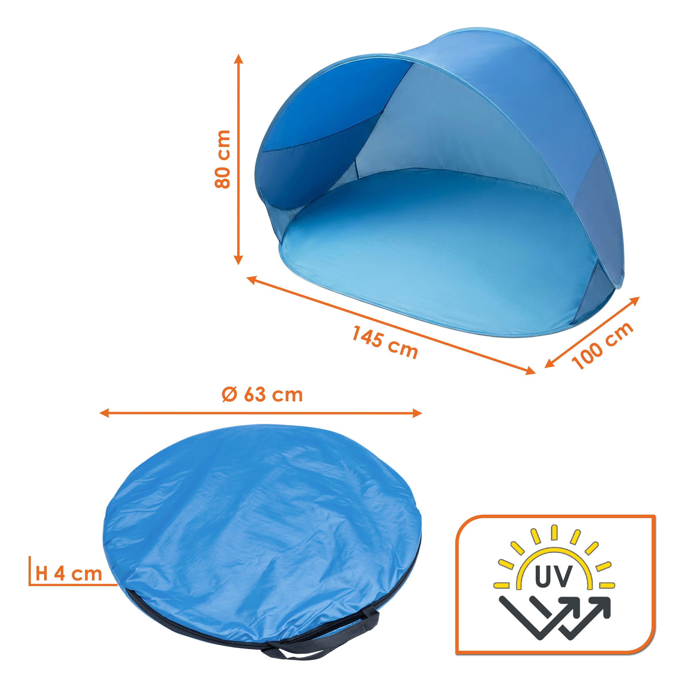 Spetebo Strandmuschel Pop Up Strandmuschel blau mit Tragetasche - 145 x 100 cm, Personen: 2 (Stück, 1 tlg., Strandmuschel), Strand Zelt selbstaufstellend mit UV 50+ Schutz