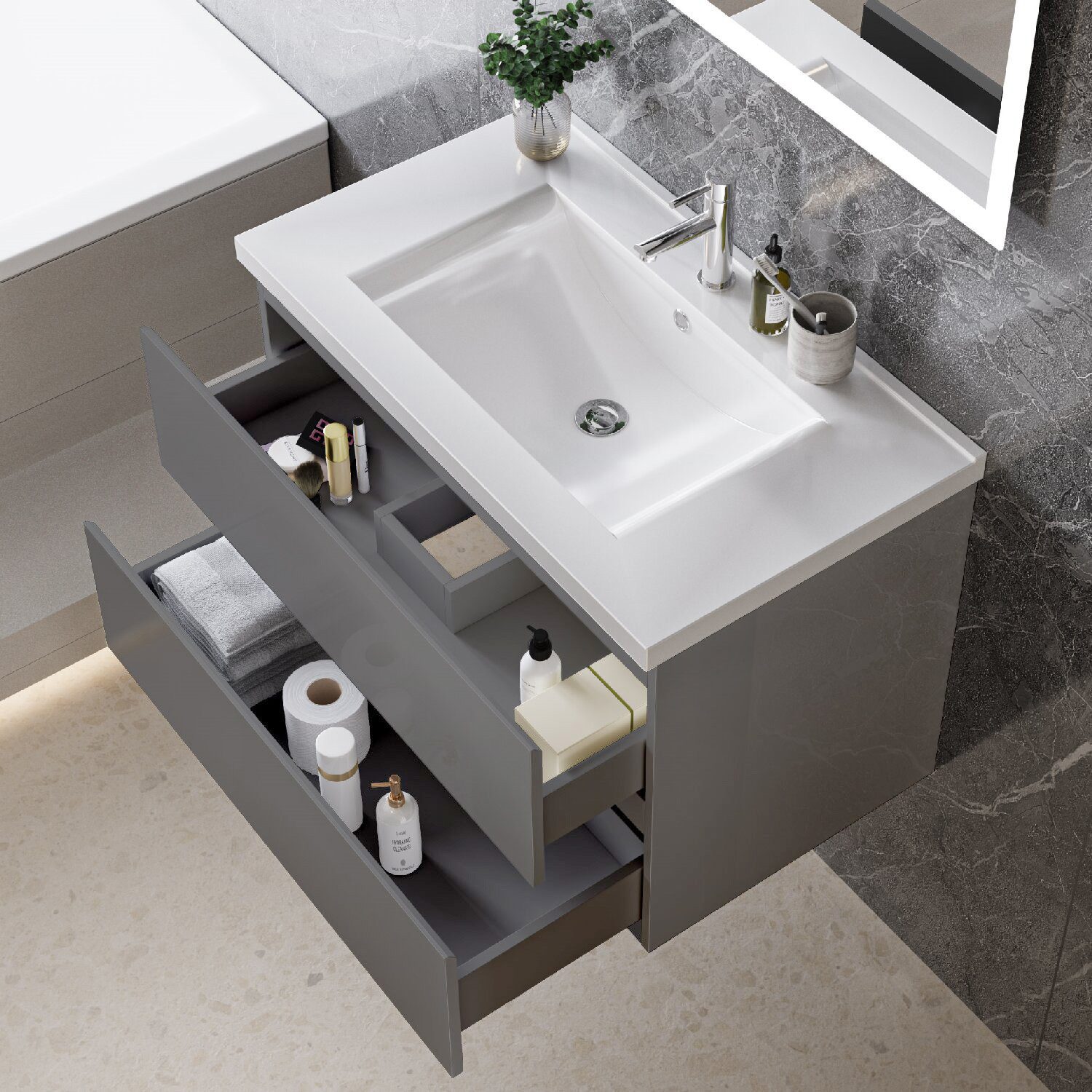 duschspa Waschtisch Waschbecken mit Unterschrank Badmöbel Set Badschrank Waschplatz, Hochglanz, 50-120cm