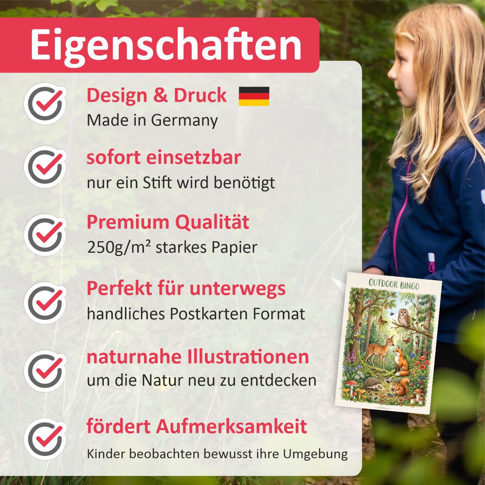 nikima Spiel Outdoor Bingo – 10 Bingokarten für Kinder, Natur Suchspiel