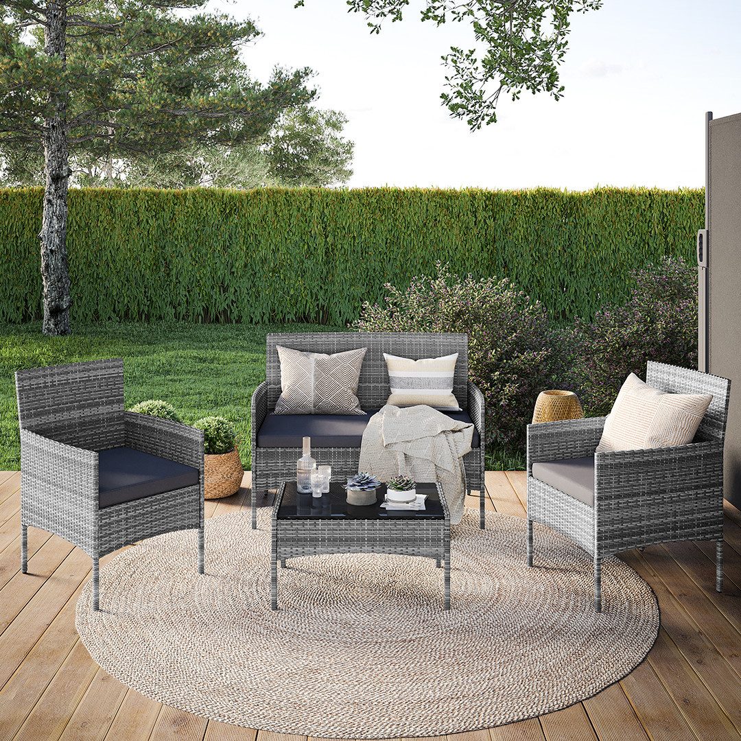 STEELSØN Gartenlounge-Set Thalora, (4-er Set grau-meliert, 1x Sofa, 2x Stuhl, 1x Tisch), Polyrattan Gartenmöbel Set, verschiedene Ausführungen