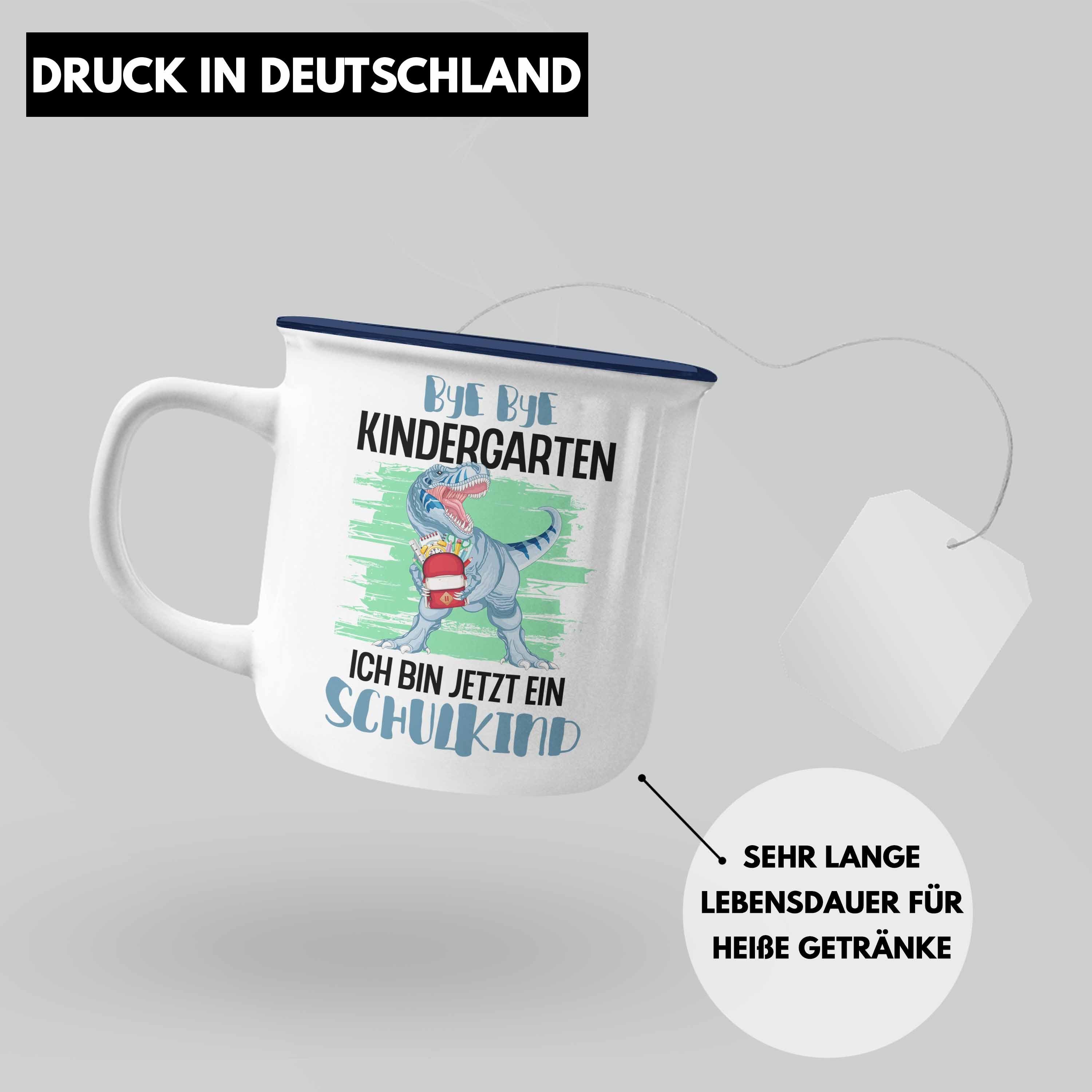 Emaille - Junge Geschenkidee Füllung für 2022 Trendation Schuleinführung Einschulung Schulkind 1. Schulanfang Schulstart Schultag Tasse Thermotasse Dino Trendation Blau Schultüte Geschenk