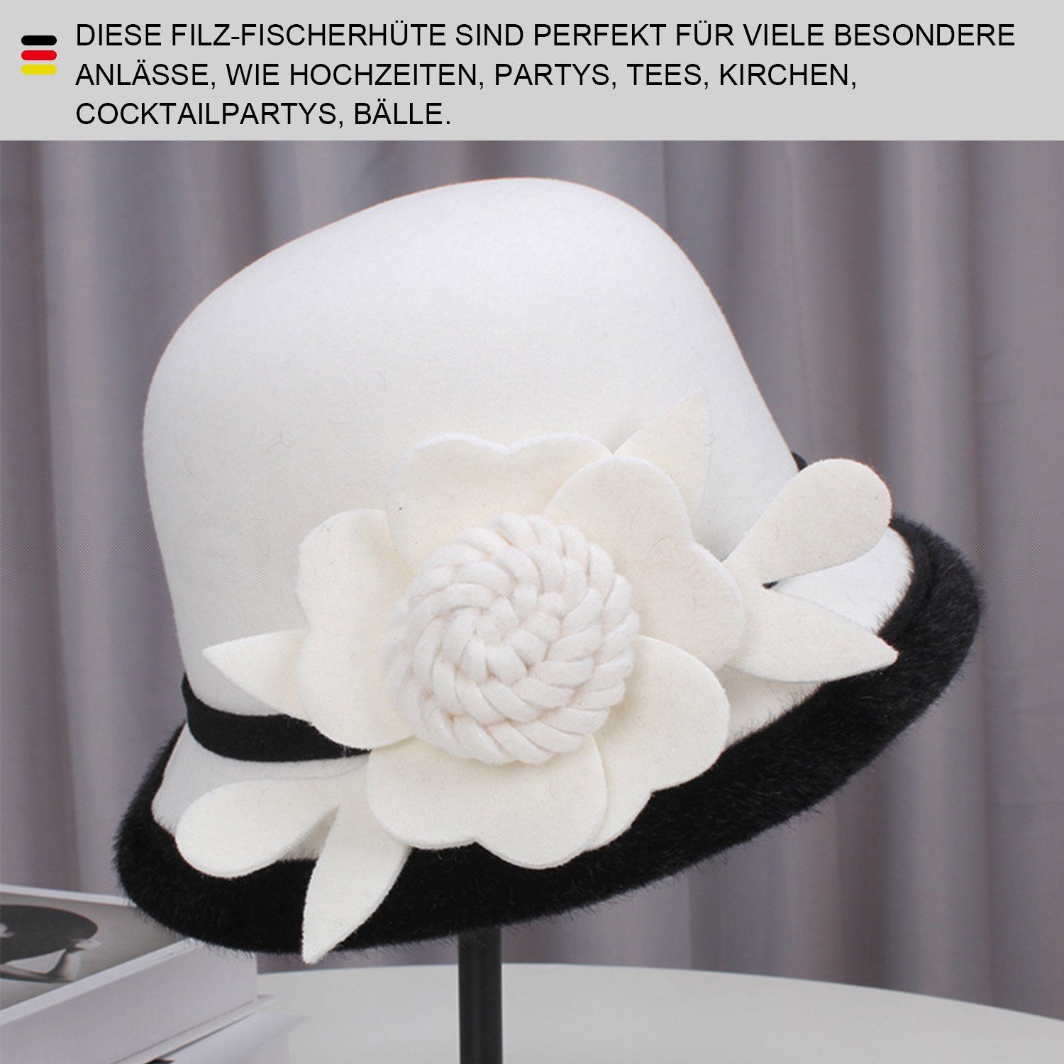 MAGICSHE Fischerhut Damen Filzhut 1920er Vintage Blume Weiß Jahre Bowler Hut mit