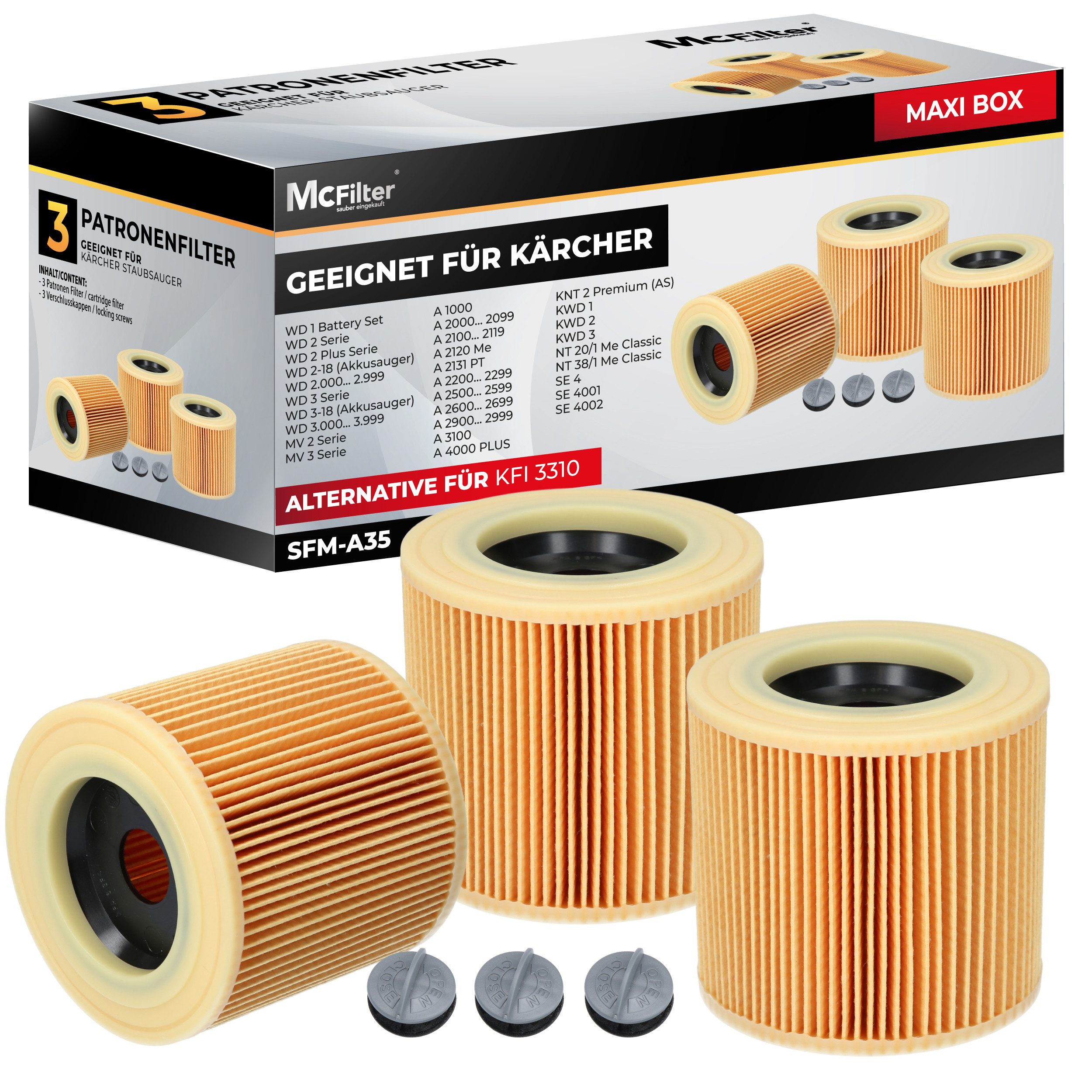 McFilter Patronenfilter (3 Filter) Lamellenfilter für Kärcher, Alternative zu KFI 3310, für Kärcher Nass- Trockensauger WD2, WD3, WD3 Premium, MV3, A-Serie, K-Serie, SE 4001, SE 4002, wie Kärcher Filter 6.414-552.0, 6.414-772.0, 6.414-547.0, (3-St., Filter + Verschlussschraube), Alternative zu 6.414-552.0, 6.414-772.0, 6.414-547.0