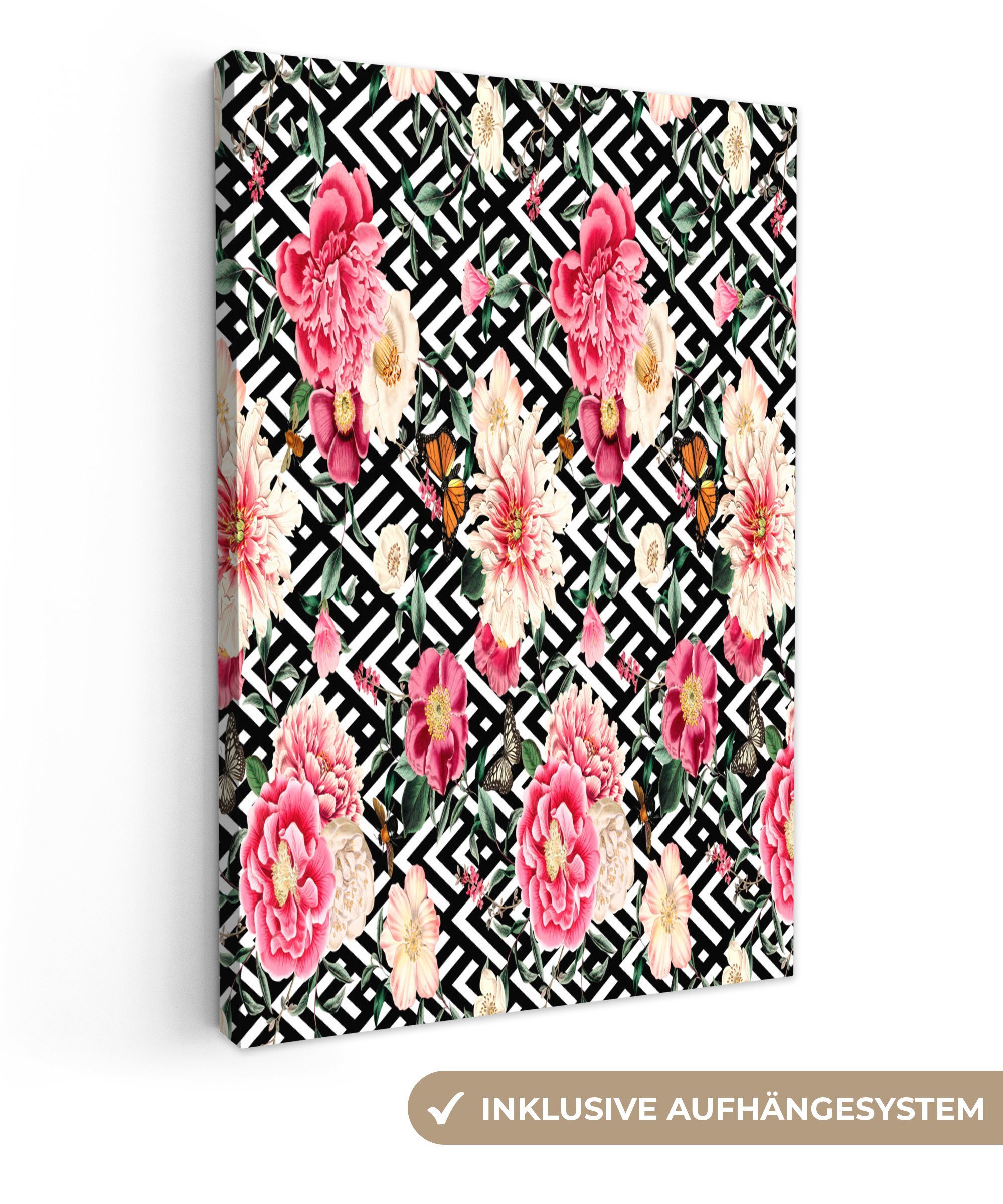 OneMillionCanvasses® Leinwandbild Blumen - Schmetterling - Pastell, (1 St), Leinwandbild fertig bespannt inkl. Zackenaufhänger, Gemälde, 20x30 cm