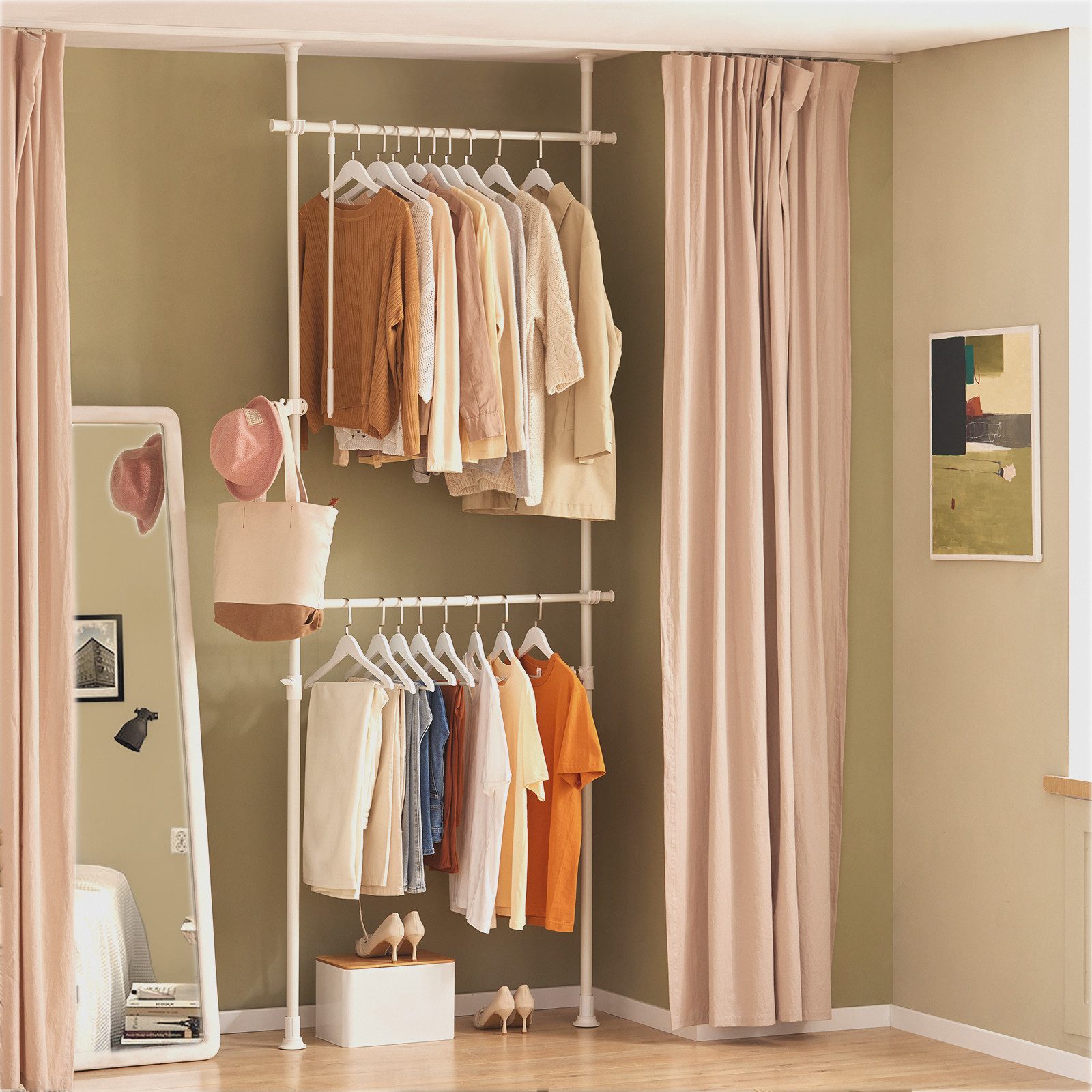SoBuy Kleiderständer FRG109, deckenhoch, 3-stufige, höhen- und breitenverstellbar, Garderoben System mit 2 Kleiderstangen Regalsystem, Schlafzimmer