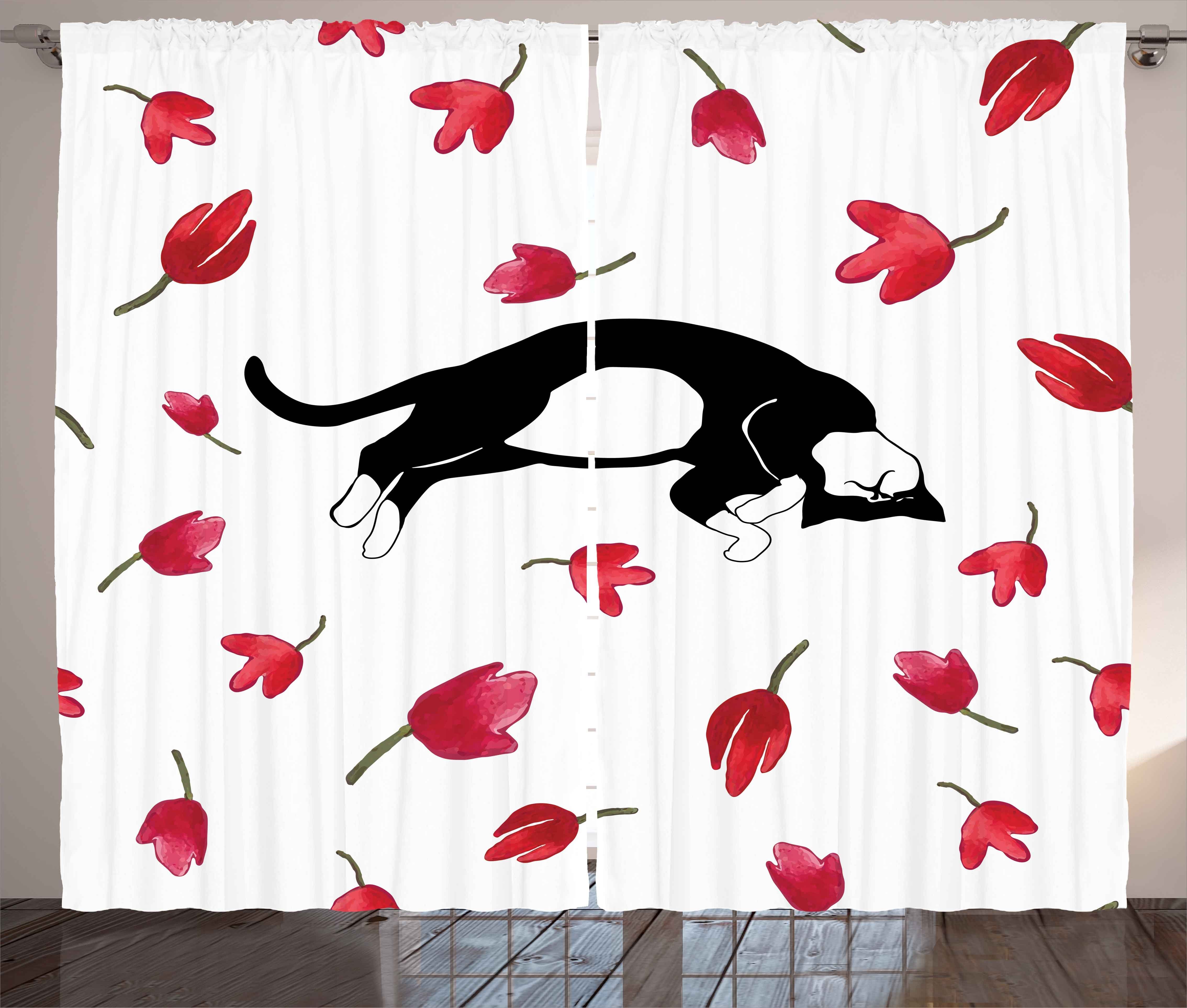 Haken, und Sleeping Kräuselband Kätzchen Tulpen Schlaufen Cat mit Schlafzimmer Abakuhaus, Gardine Vorhang