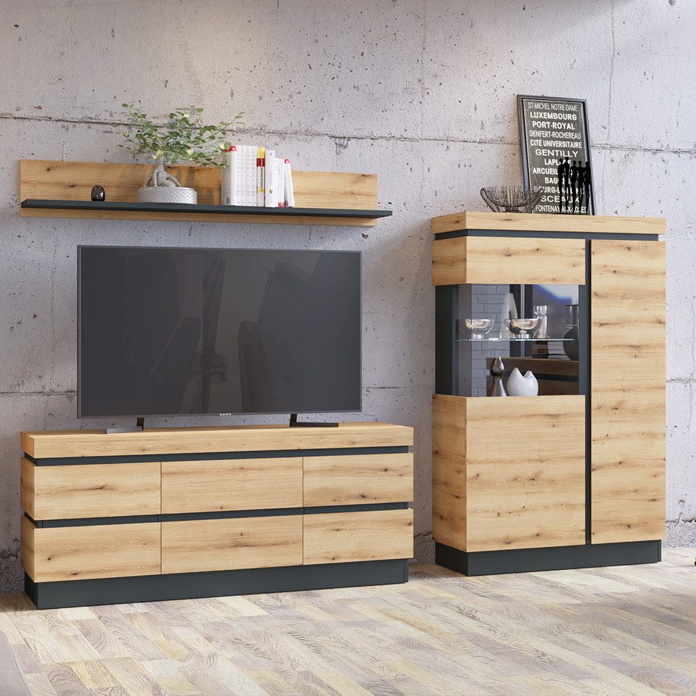 Lomadox Wohnwand COLCHESTER-129, (3-St., Highboard Lowboard Wandregal), in Eiche inkl. LED-Beleuchtung, grifflos, modern