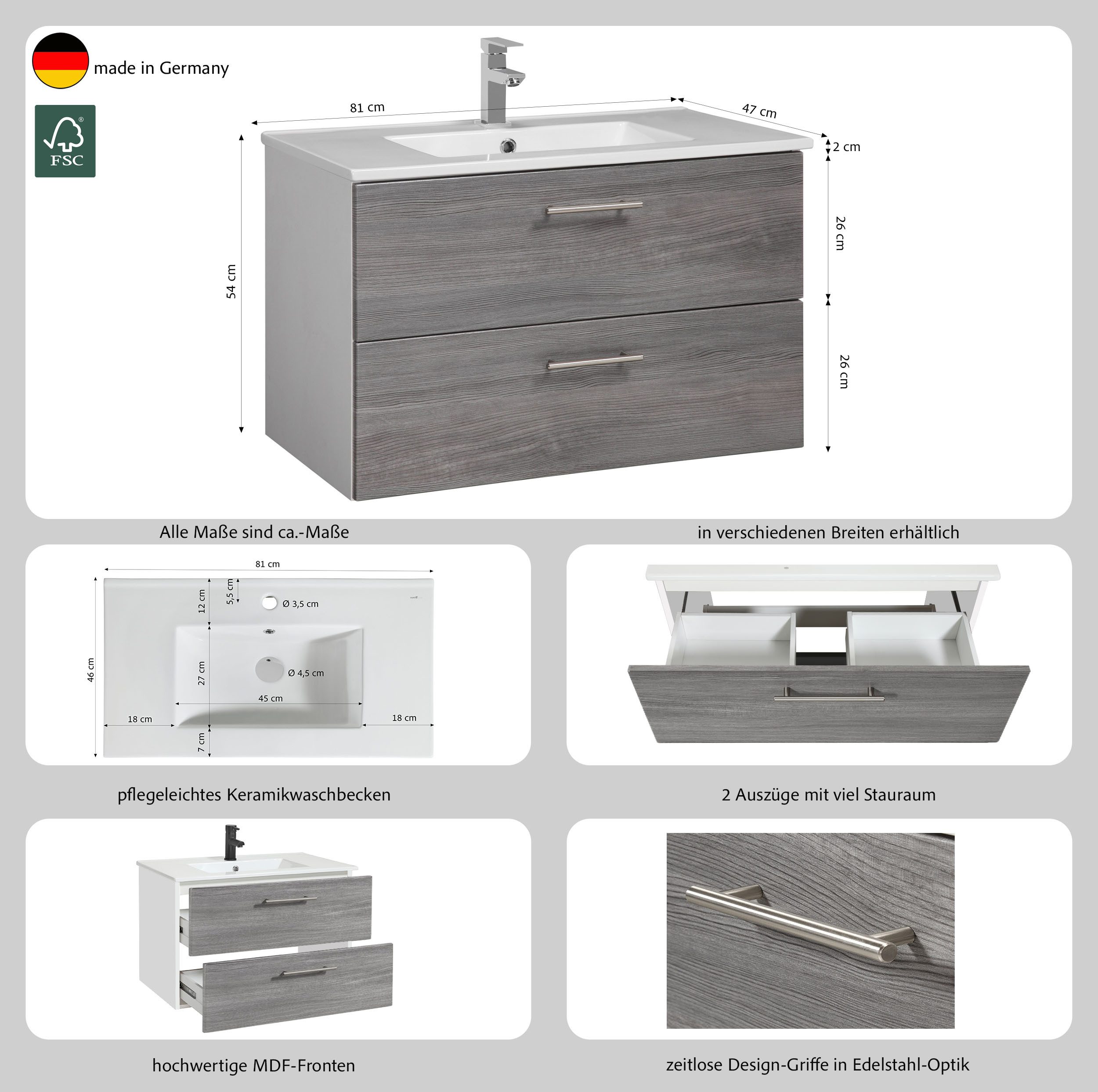 welltime Waschtisch Trento Badezimmerschrank mit Becken, Badmöbel in Breite 80 cm, Waschplatz mit 2 Schubladen, Badschrank
