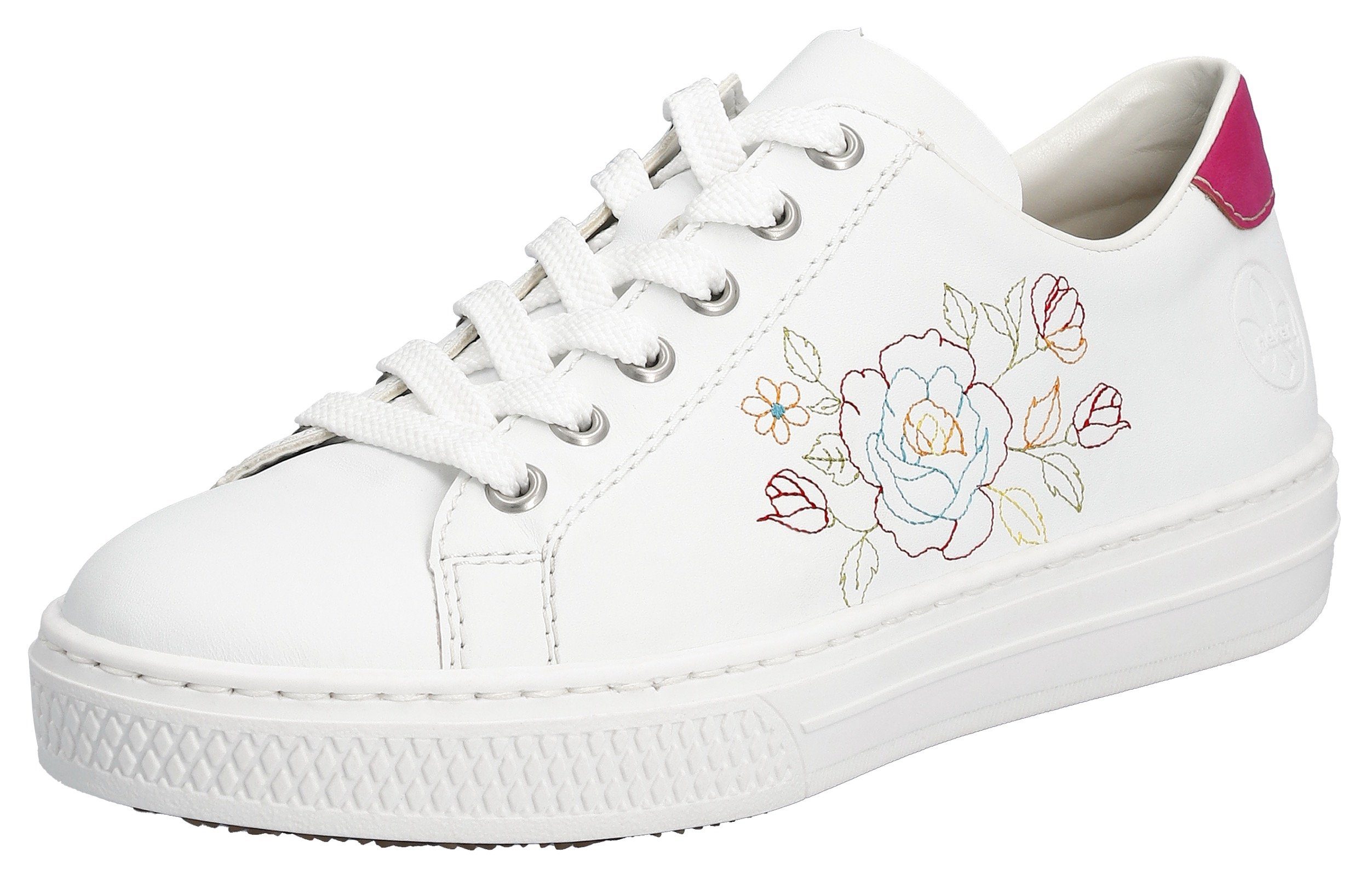 Rieker Sneaker mit seitlicher Blumenstickerei, Freizeitschuh, Halbschuh, Schnürschuh