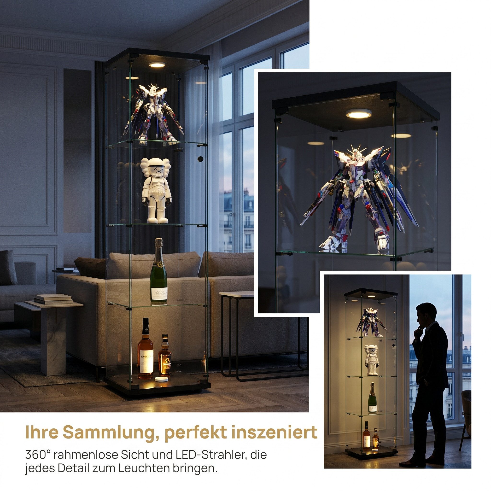 NMCXXO Glasvitrine Glasvitrine mit LED-Beleuchtung, modern und stilvoll (1 tlg) Standvitrine/Glasvitrine Glastür 4-lagig, Große Kapazität