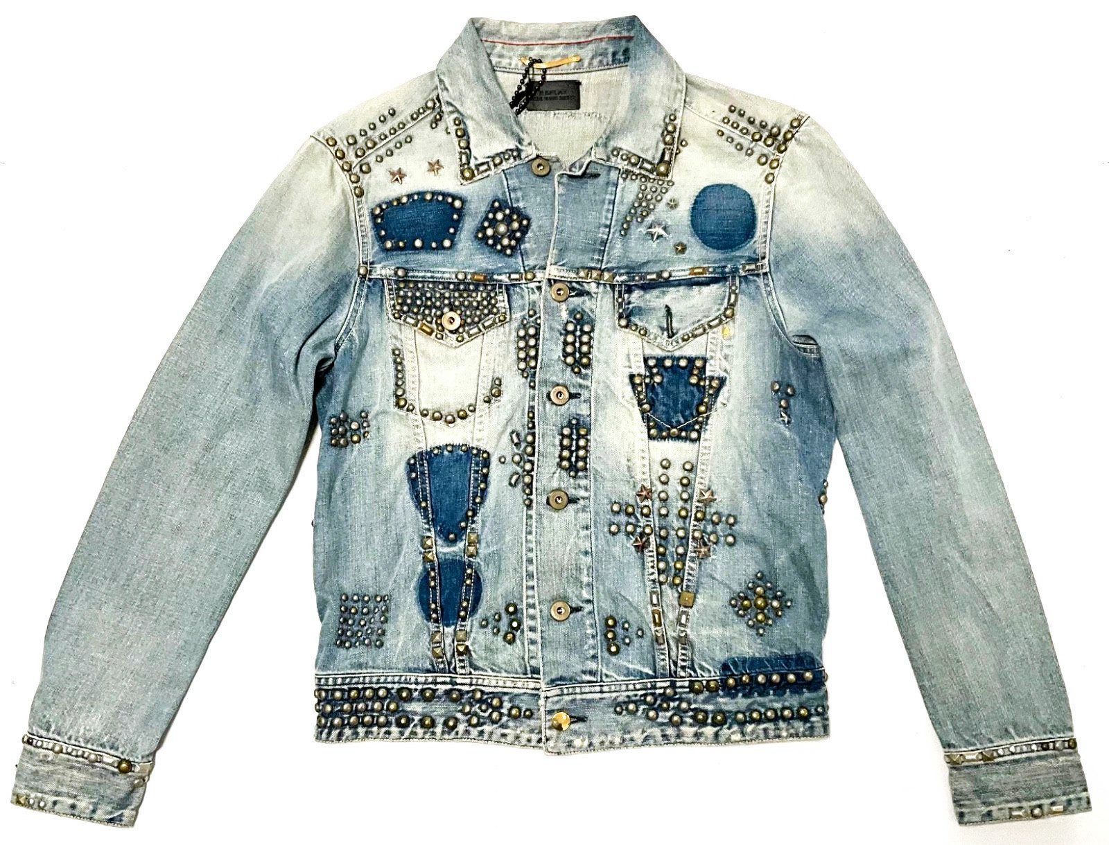 Replay Jeansjacke Replay Jeans Herren Куртки, REPLAY MENS BLUE ISSUE JEANS JACKET Stehkragen, Nietenbesatz, Patches