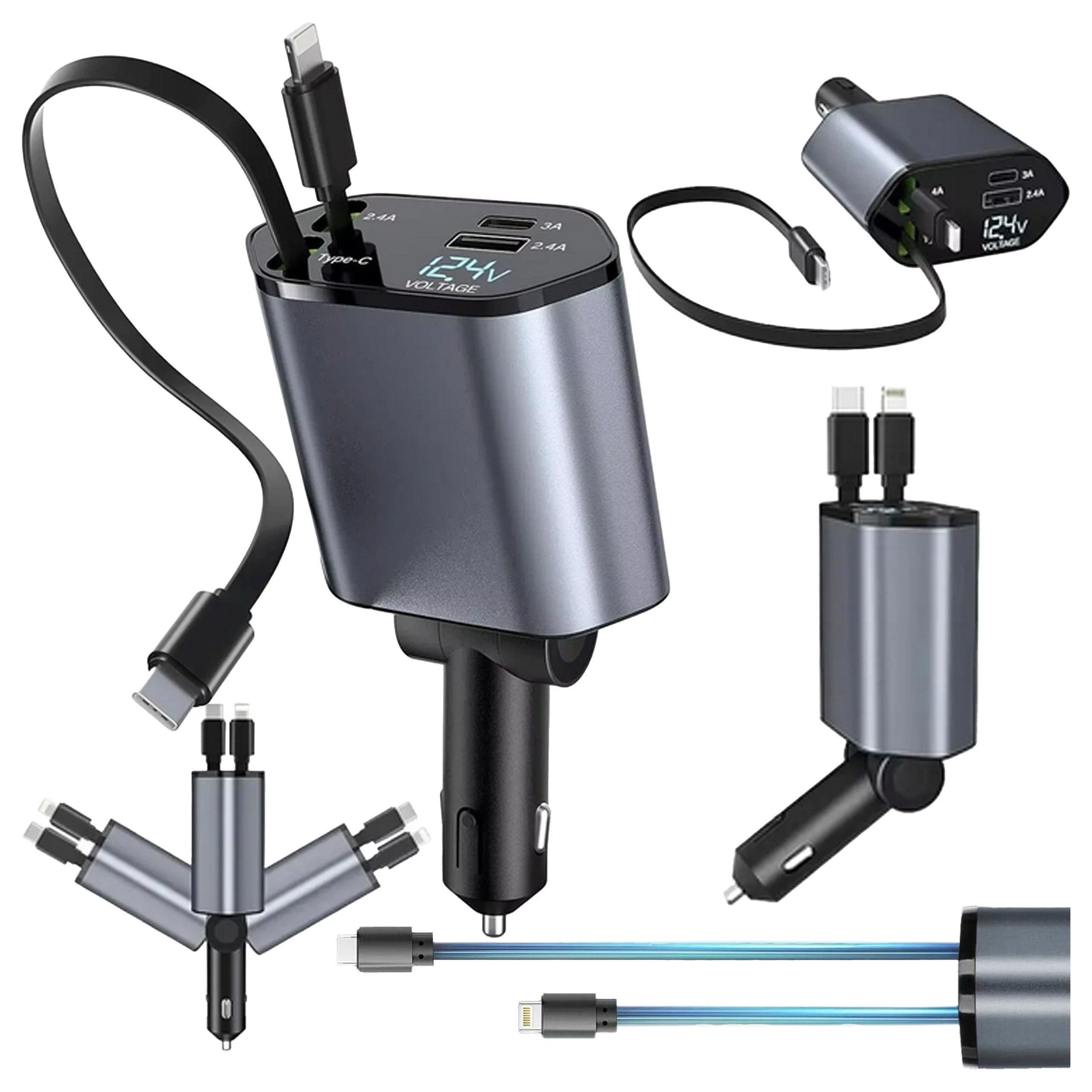 Realb2b Auto Ladegerät 4in1 KFZ USB C Adapter mit Kabel 80cm 12V 24V KFZ Adapter (4 Geräte laden Kabel aufrollbar LED Anzeige Gelenk flexibel)