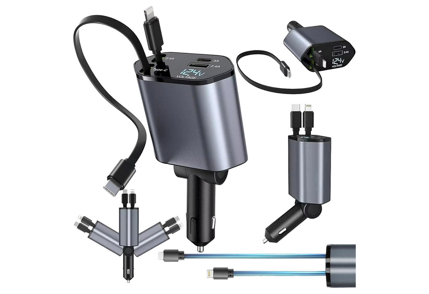 Realb2b Auto Ladegerät 4in1 KFZ USB C Adapter mit Kabel 80cm 12V 24V KFZ Adapter (4 Geräte laden Kabel aufrollbar LED Anzeige Gelenk flexibel)