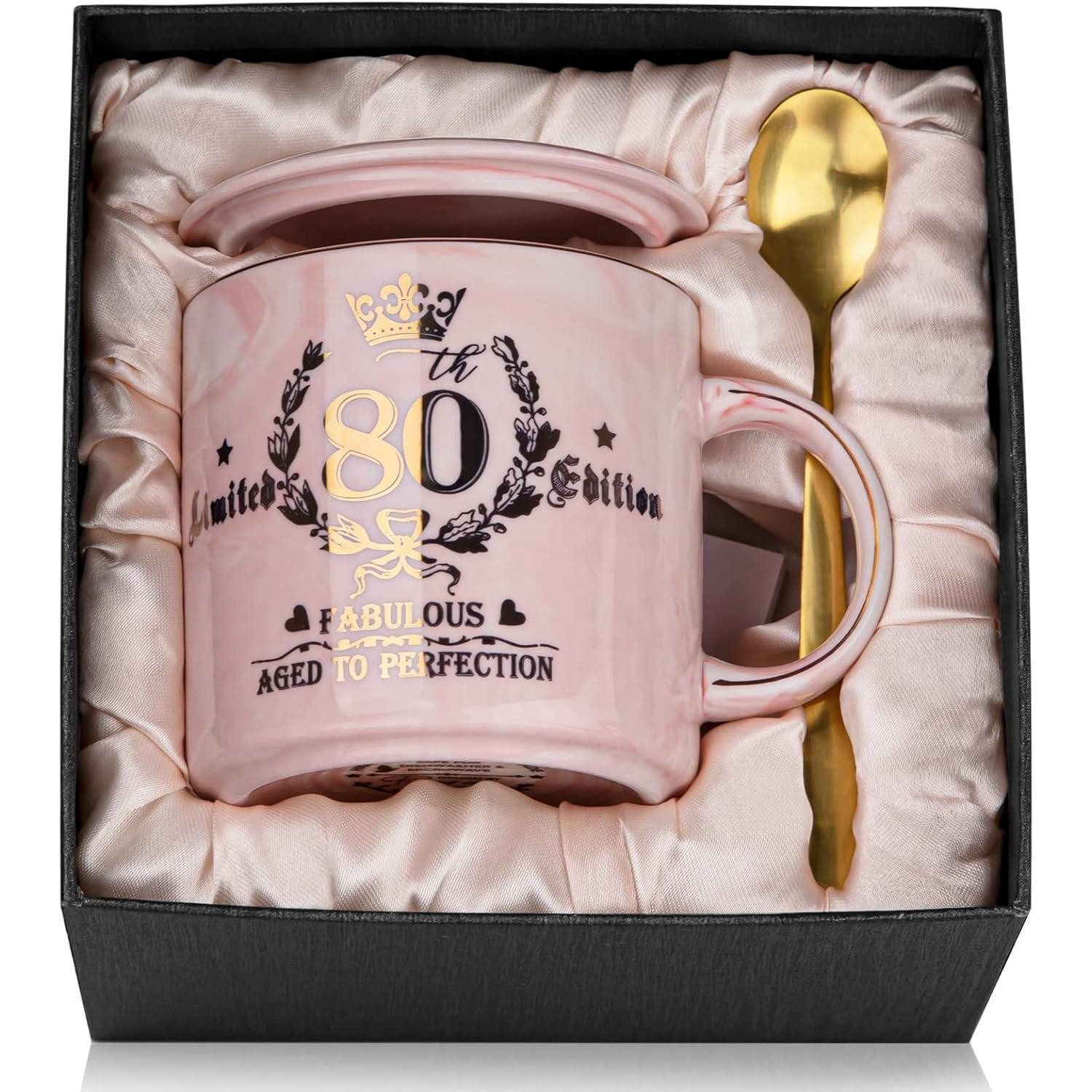 ALBISS Tasse 80. Geburtstag Geschenke Frauen, 14 Unzen Kaffeetasse Gold Rosa