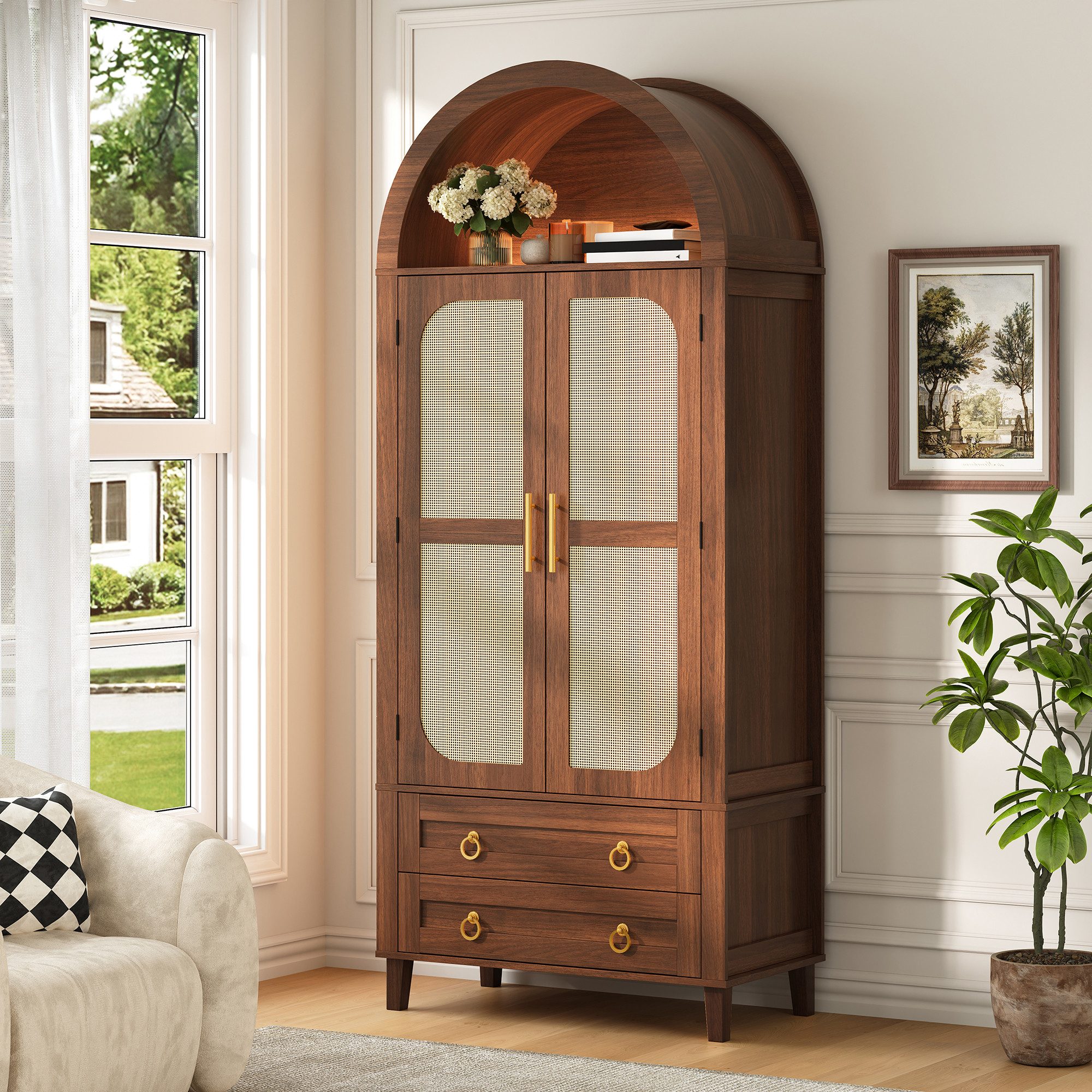 Merax Sideboard mit LED-Beleuchtung, Hochschrank mit Bogen-Nische & Rattan-Dekor (Aufbewahrungsschrank 76 x 40 x 179,5 cm, 1 St), …