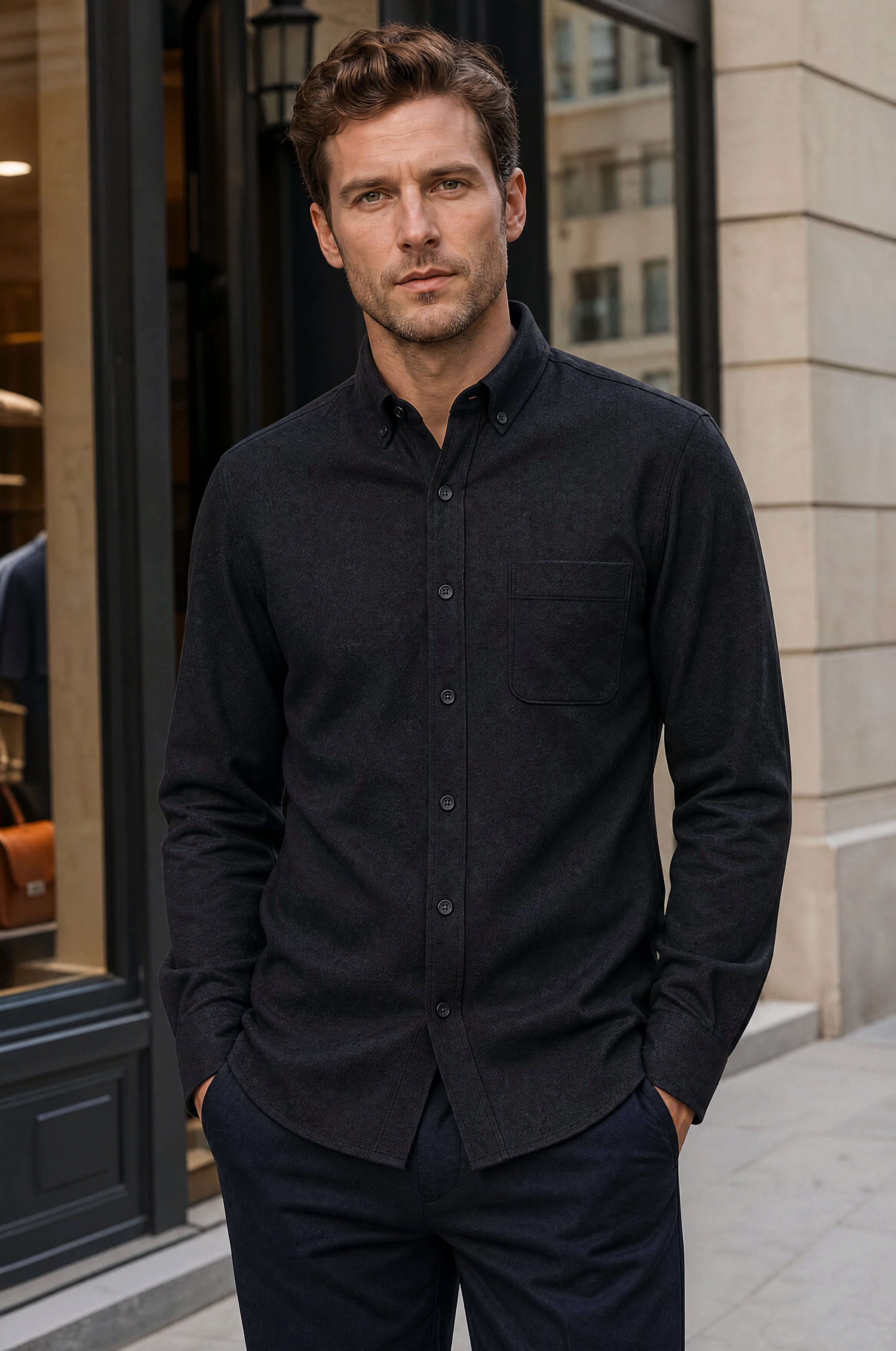 Haupt Langarmhemd Flanell Regular Fit Herrenhemd Langarm in Marine ideal Frühling