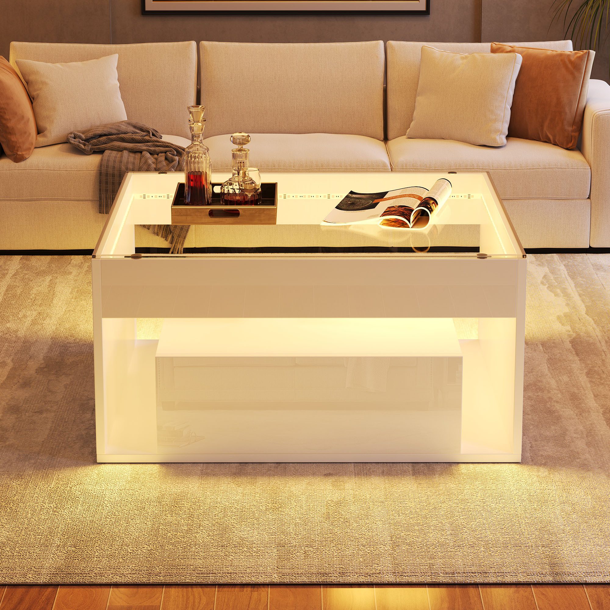 HAUSS SPOLE Couchtisch Hochglanz mit Schublade und offenem Mittelfach,Beistelltisch mit LED (Packung, 1-St., Hochglanz-kaffetisch,Wohnzimmertisch mit durchbrochenem Design), Schreibtisch und Esstisch aus gehärtetem Glas