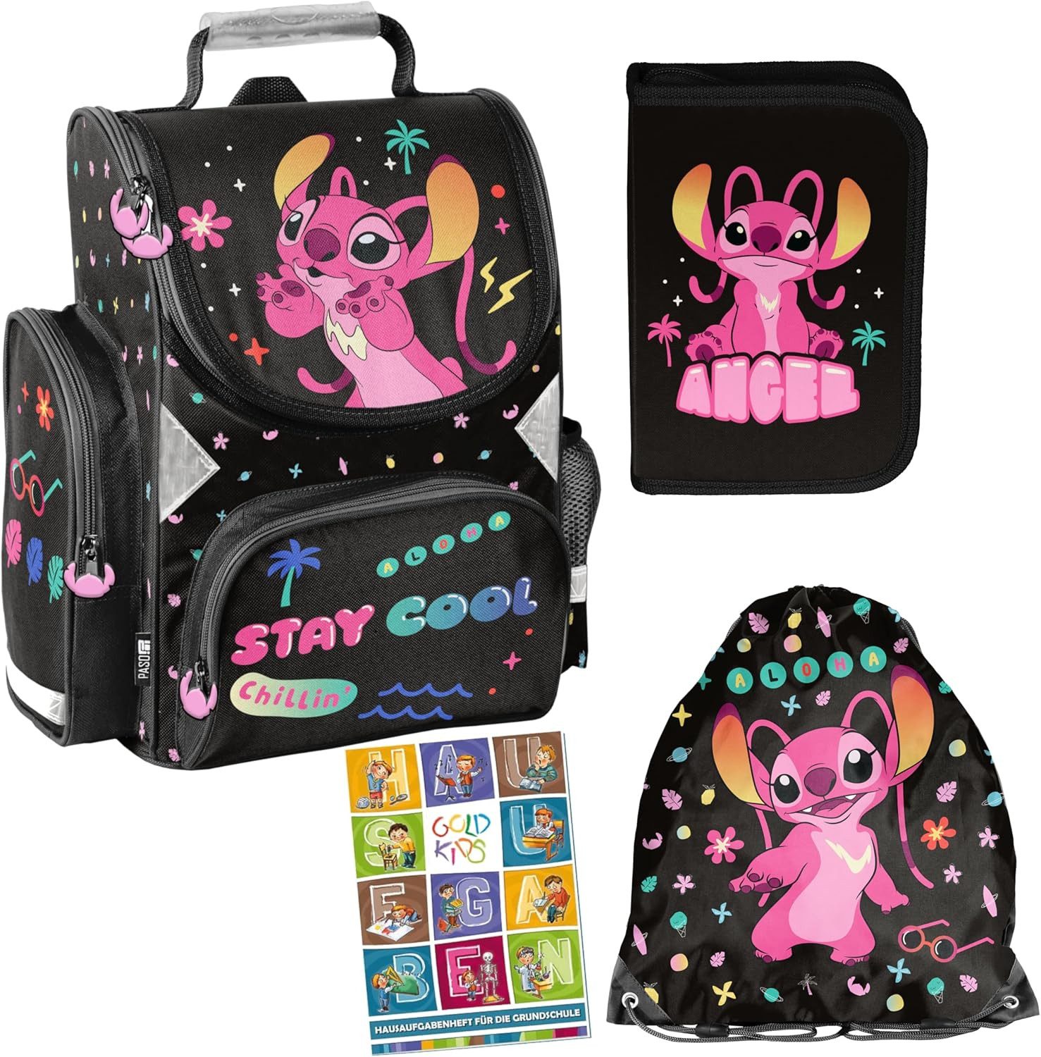 GOLDKIDS Schulranzen Schulranzen für Jungen und Mädchen - Schul-Rucksack für Kinder (mit Federmäppchen, 4-tlg., - Schuhbeutel und Hausaufgabenheft), - Lilo und Stitch Motiv - 1-3 Klasse
