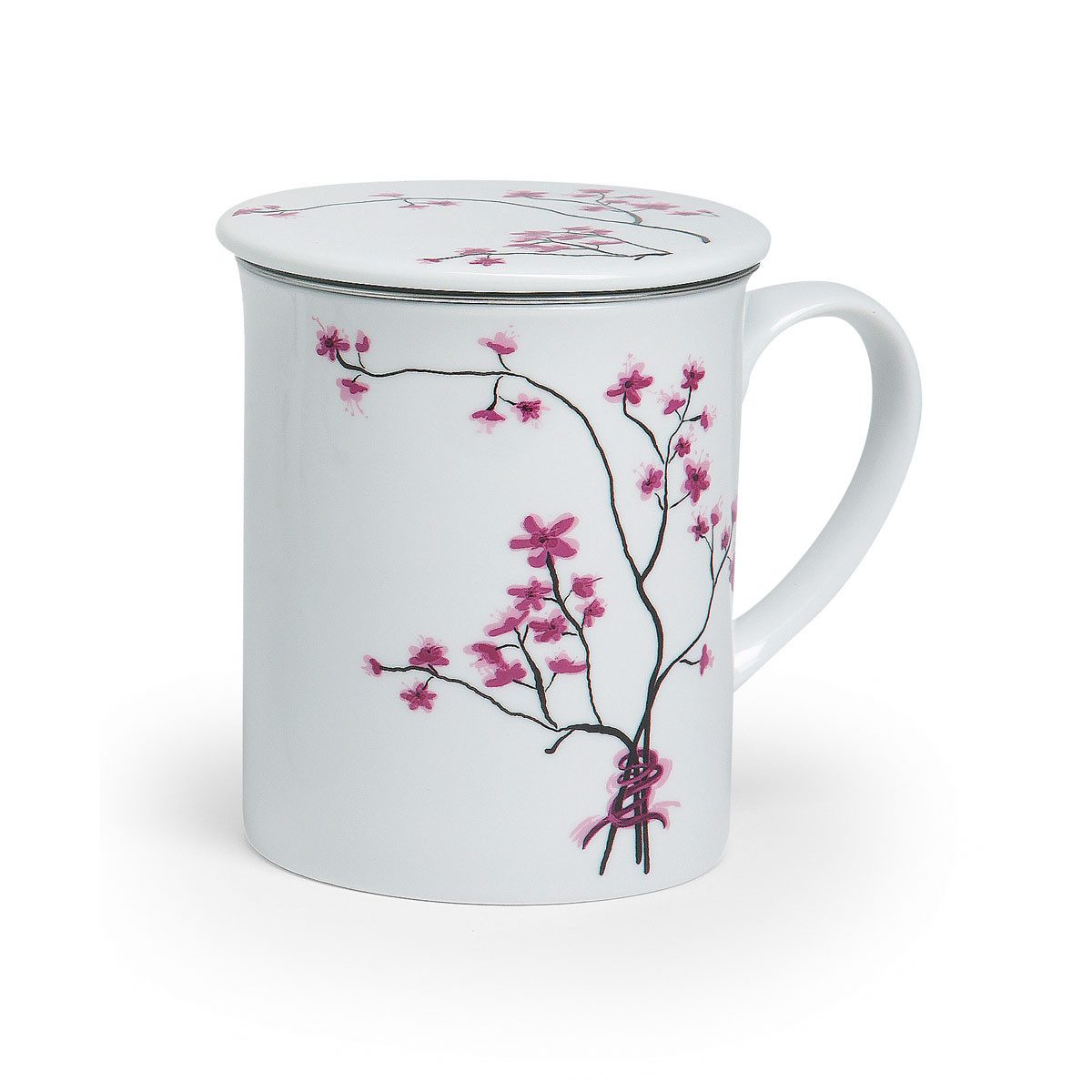 Dekomiro Tasse Dekomiro 2er Set TeaLogic Teetasse Cherry Blossom mit Teesieb, Porzellan