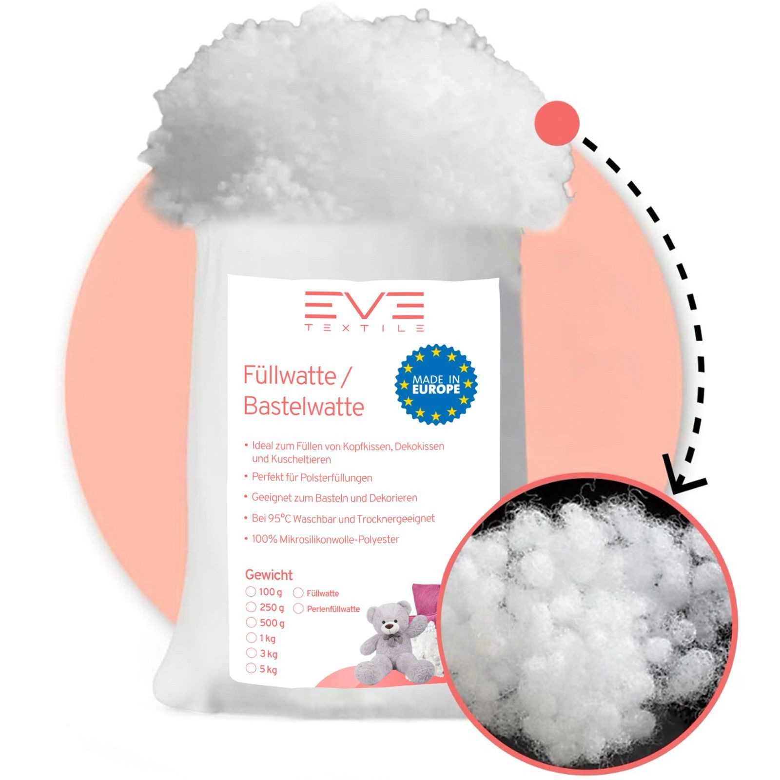 Eve Textile GmbH Kissenfüllung Füllwatte Weich Polyester Füllung Kissen Kuscheltiere DIY-Projekte, Perlenfüllwatte Formstabil Waschbar & Hypoallergen Trocknergeeignet