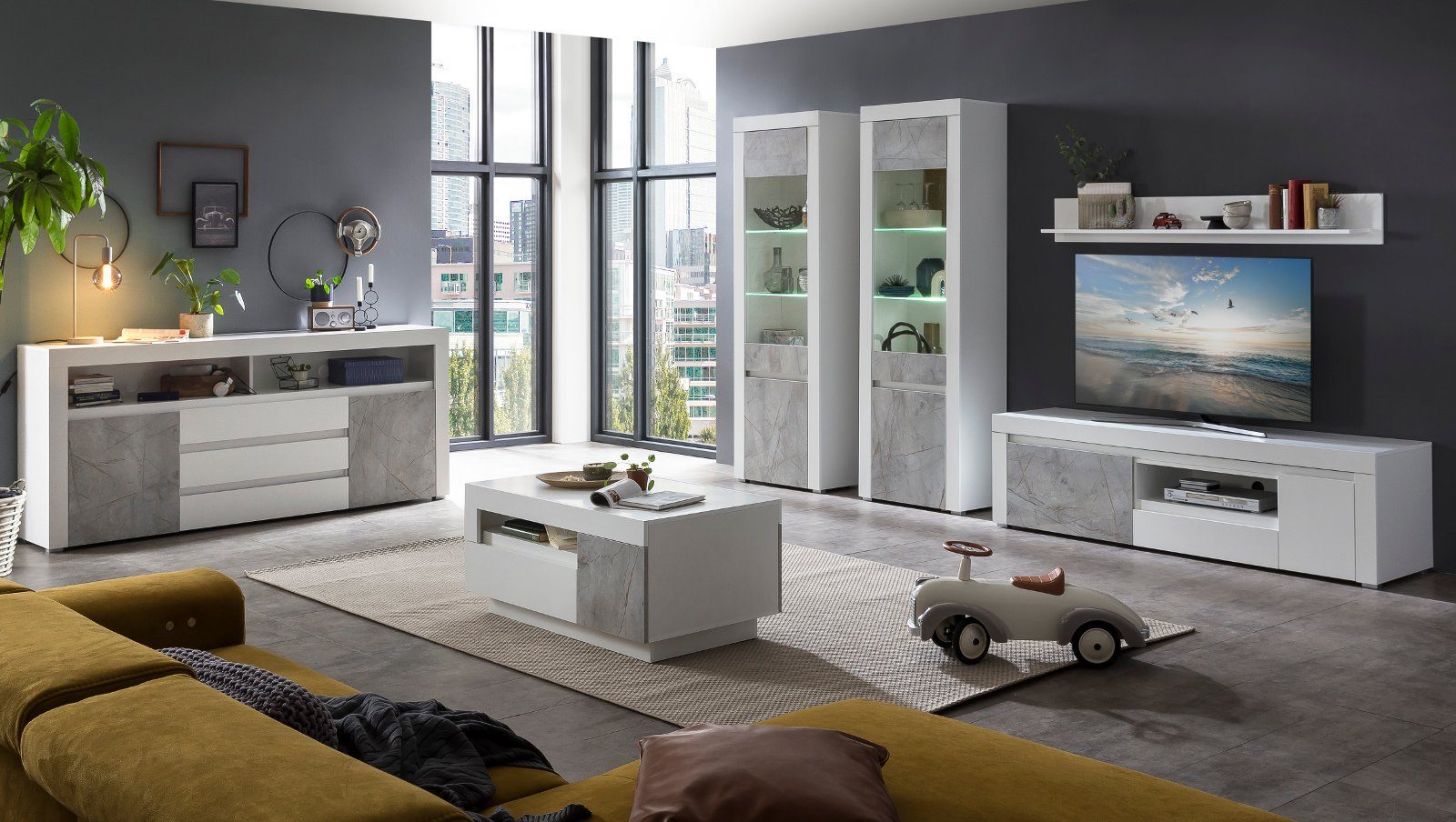Furn.Design Wohnwand Airen, (Wohnzimmer weiß Anthrazit, Marmor-Optik 4-teilig), Set grau in oder mit