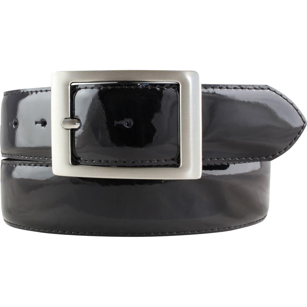 BELTINGER Ledergürtel Lack-Gürtel aus Leder mit Doppel-Schließe 4 cm - Glänzender Ledergürte Schwarz, Silber