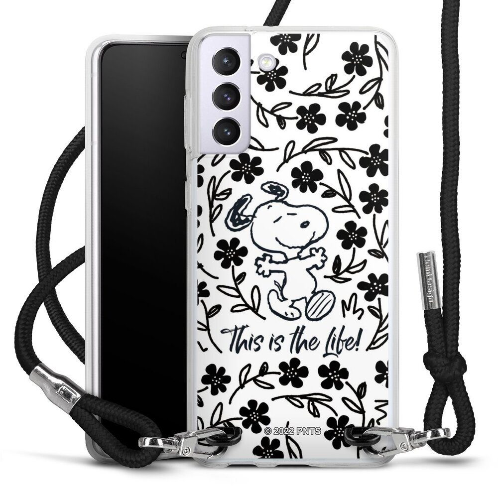 DeinDesign Handyhülle Peanuts Blumen Snoopy Snoopy Black and White This Is The Life, Samsung Galaxy S21+ 5G Handykette Hülle mit Band Case zum Umhängen