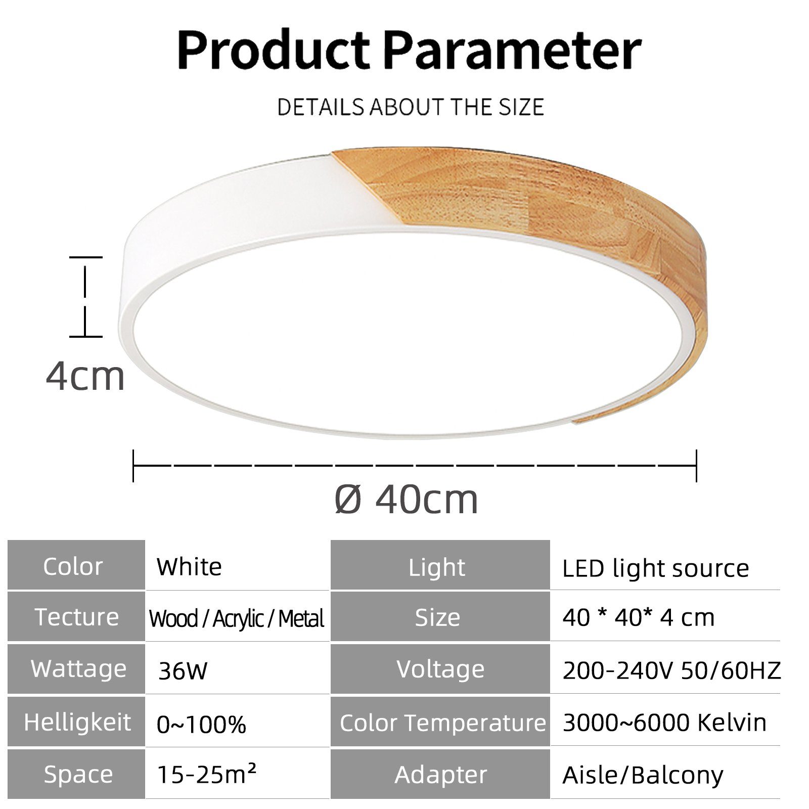 style home LED Deckenleuchte Deckenlampe für Wohnzimmer mit 36W, Ø40*H4cm 3000K-6000K, Schlafzimmer Fernbedienung, Warmweiß dimmbar bis Küche(Holz) Kaltweiß