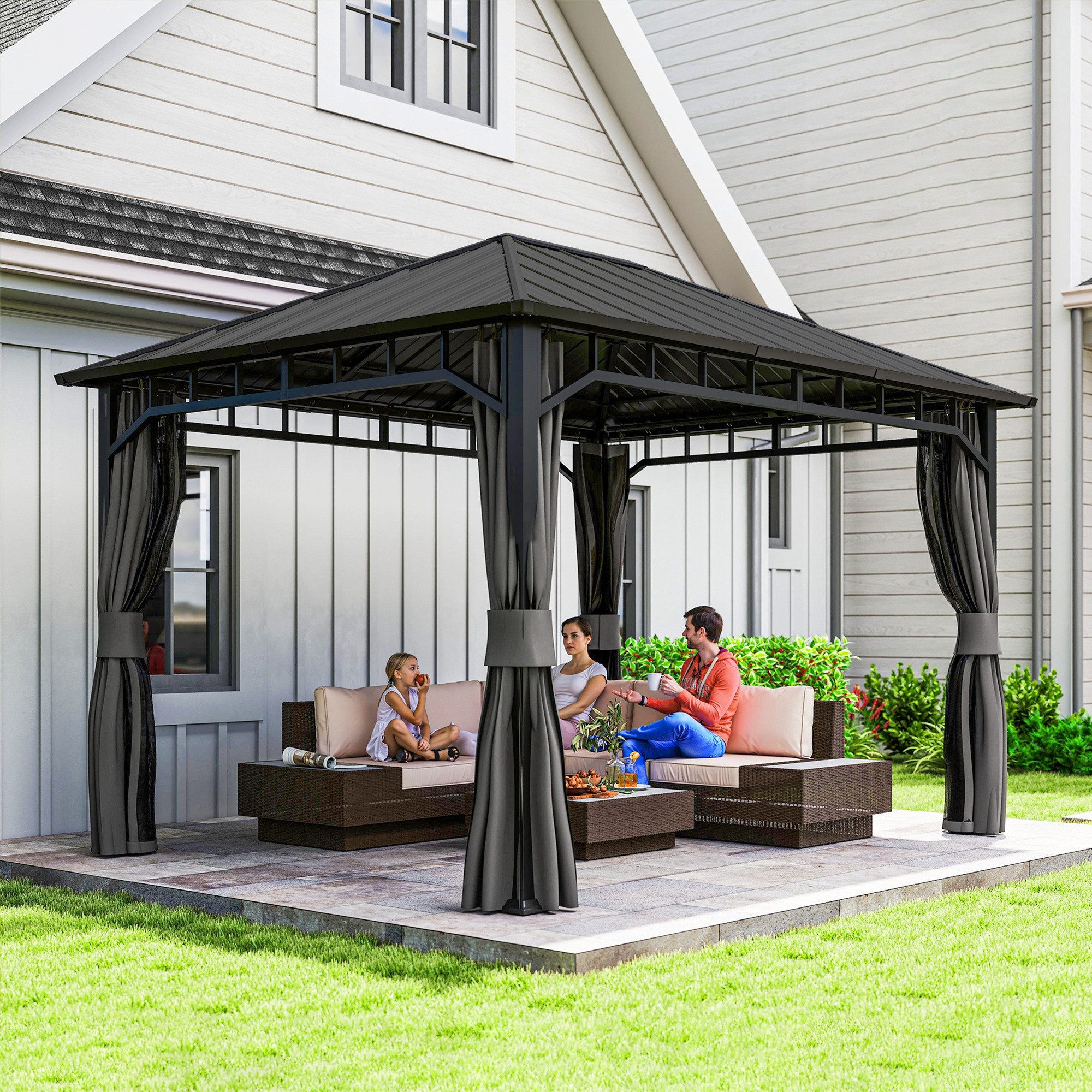 Outsunny Pavillon mit Seitenteile, Wasserrinnen, Moskitonetz, Haken, mit 4 Seitenteilen, (winterfest Gartenpavillon, Garten-Pavillon 4 x 3 m), aus verzinktem Metall, für Garten, Terrasse, Dunkelgrau