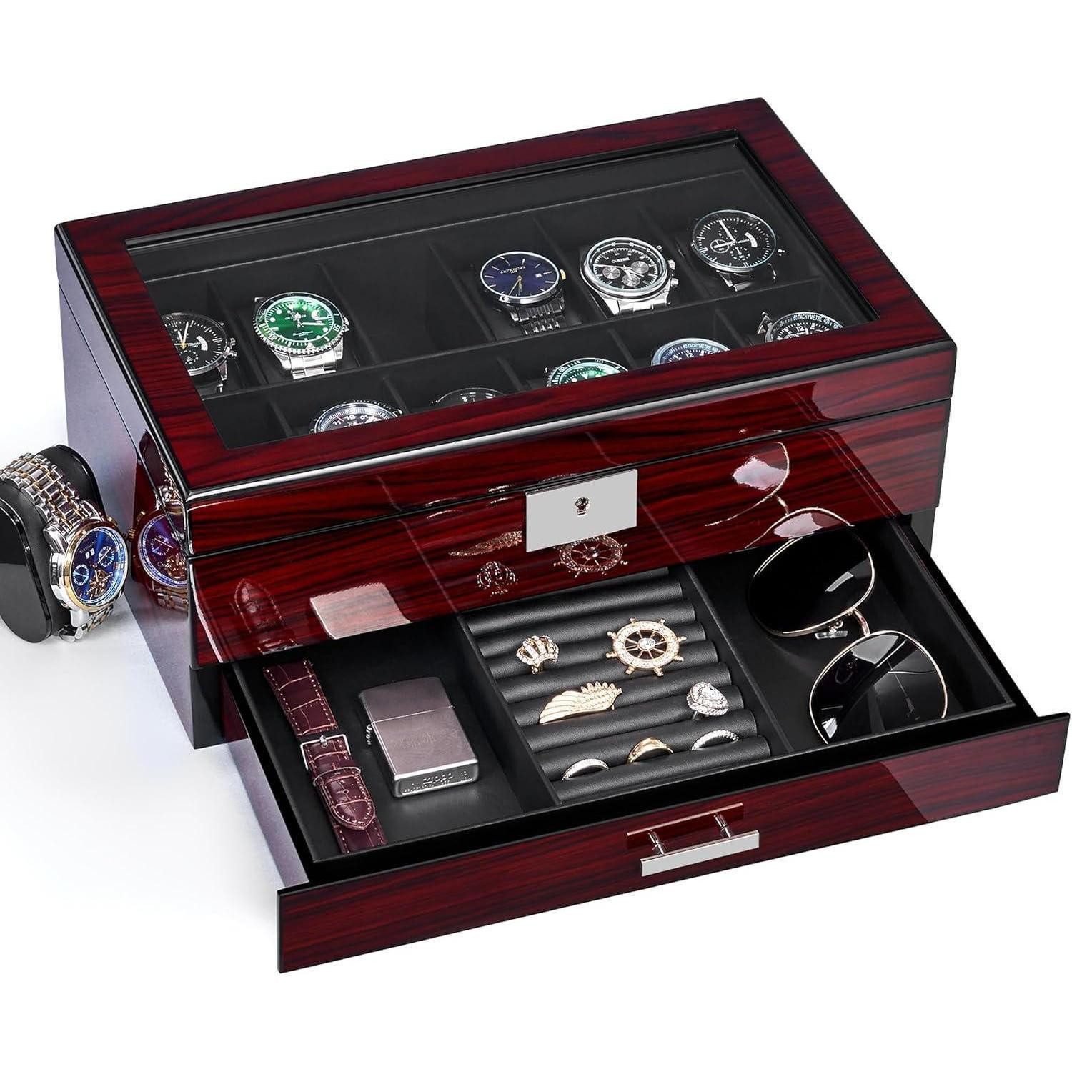 LuxusKollektion Uhrenbox Uhrenbox Herren Watch Box Uhrengehäuse 12 Slots Glasdeckel