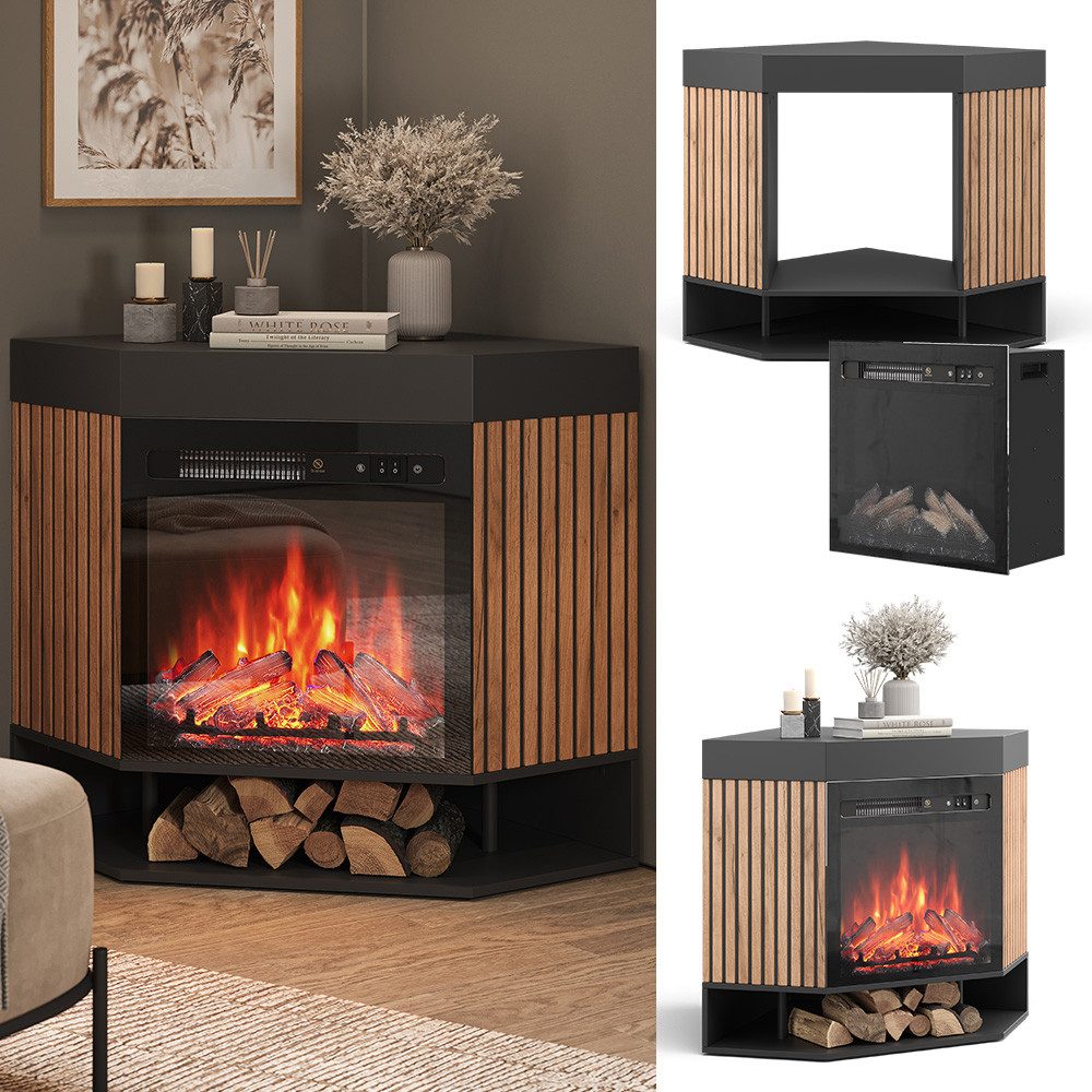 Vicco Kaminumbauschrank Lynea, Schwarz, 100 cm mit realistischem Flammeneff günstig online kaufen