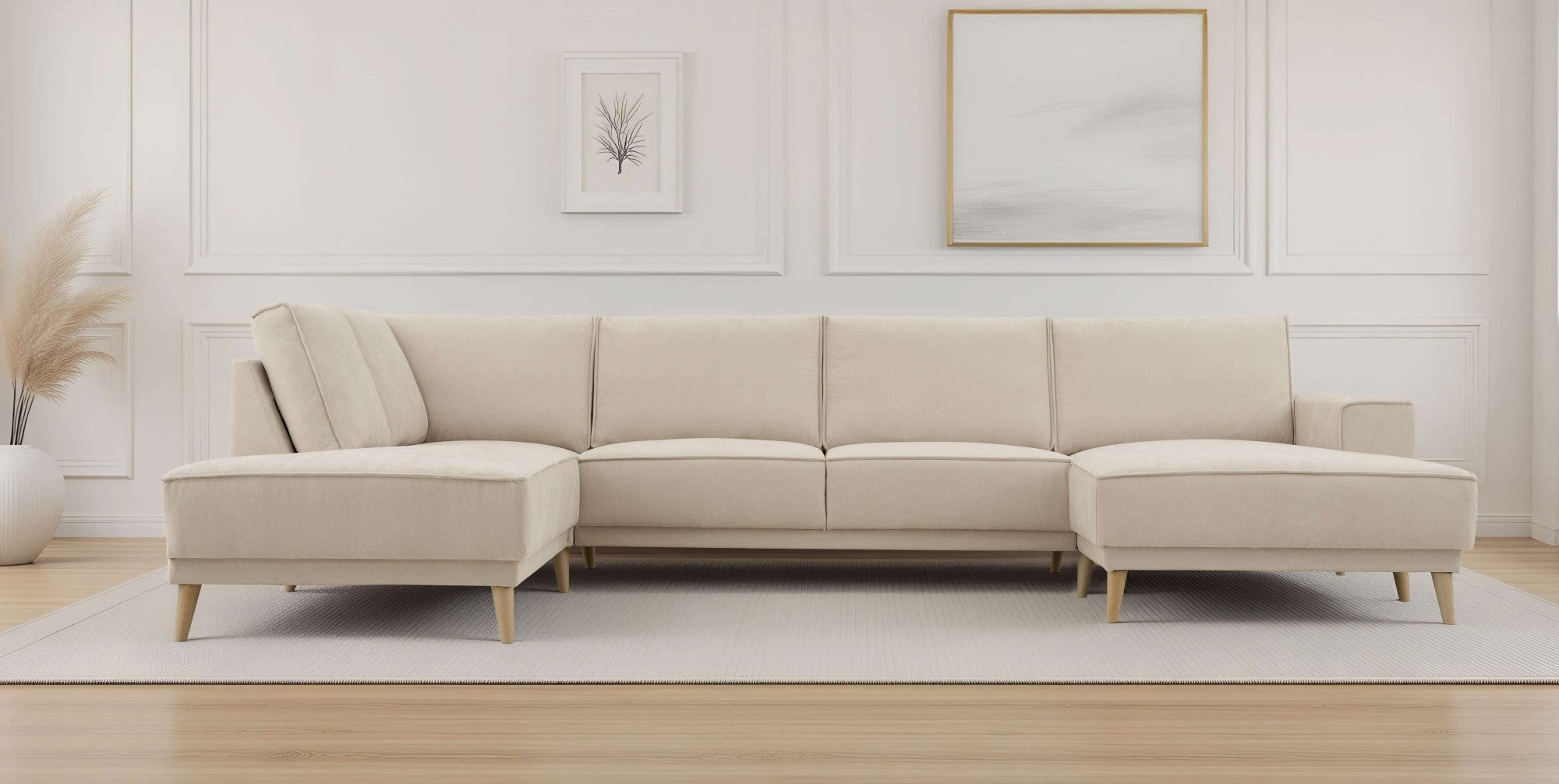 OTTO home Wohnlandschaft Oland Skandi, weicher Chenille-Stoff, U-Form, 345 cm, Wellenunterfederung, Skandi-Design, Massivholzfüße