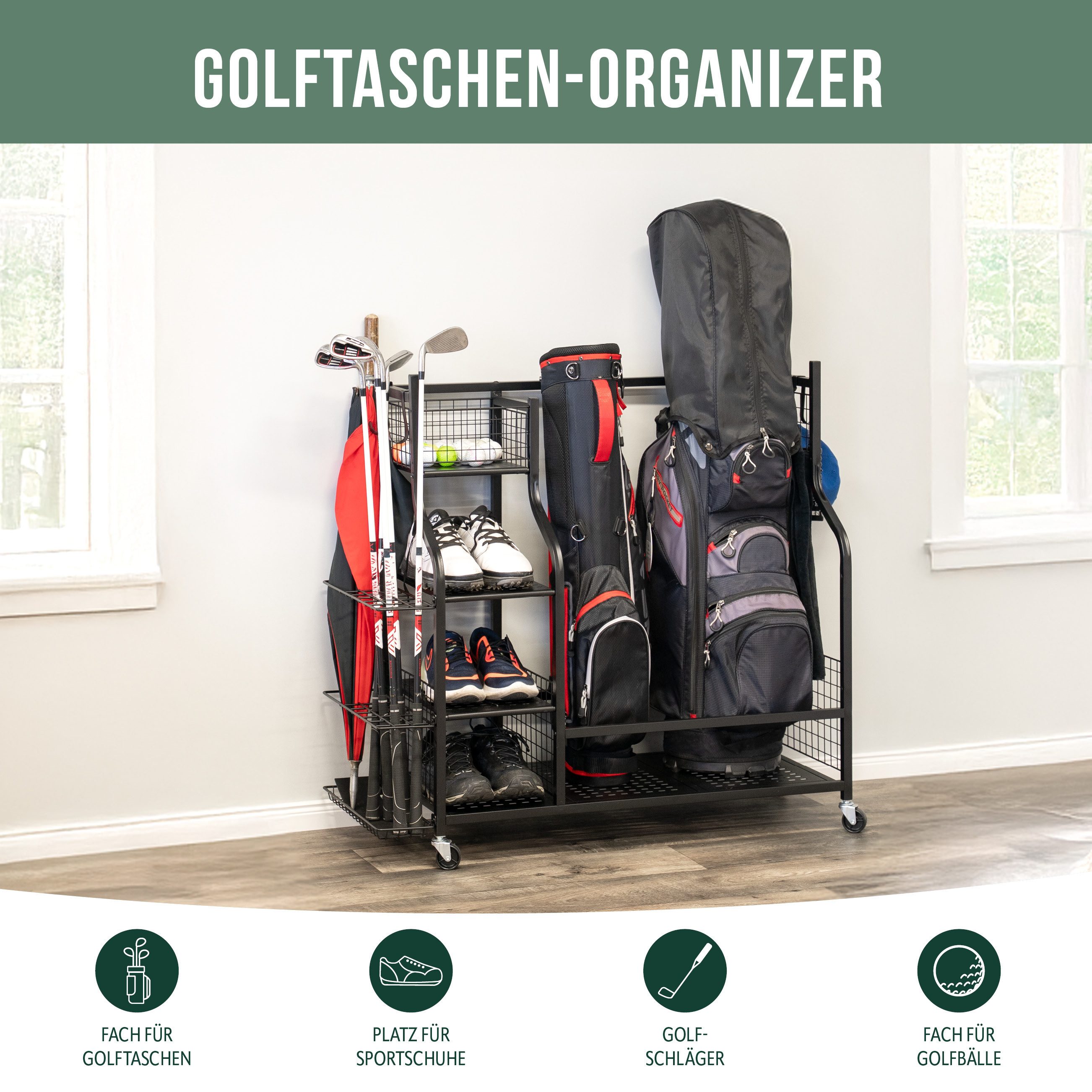 eluno Sportgeräte-Regalwagen passend für 2 Golftaschen, aus schwarzem Stahl günstig online kaufen