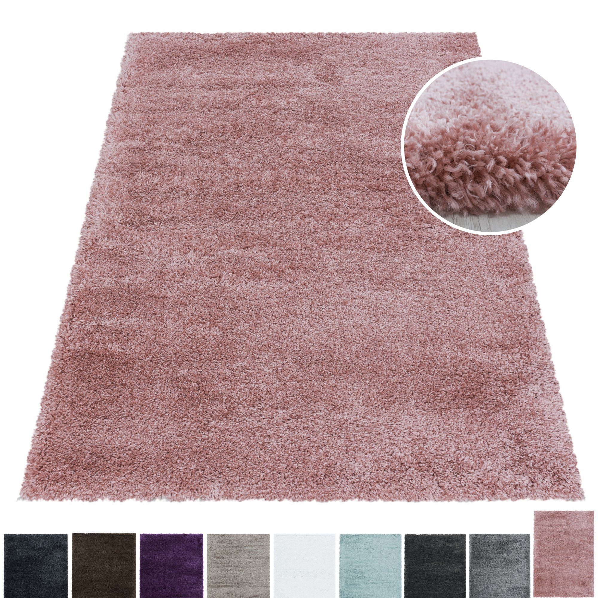 Hochflor-Teppich Teppich Hochflorteppich Shaggy Unifarben kuschelig Wohnzimmer, Miovani, Rechteckig, Höhe: 50 mm Rosa