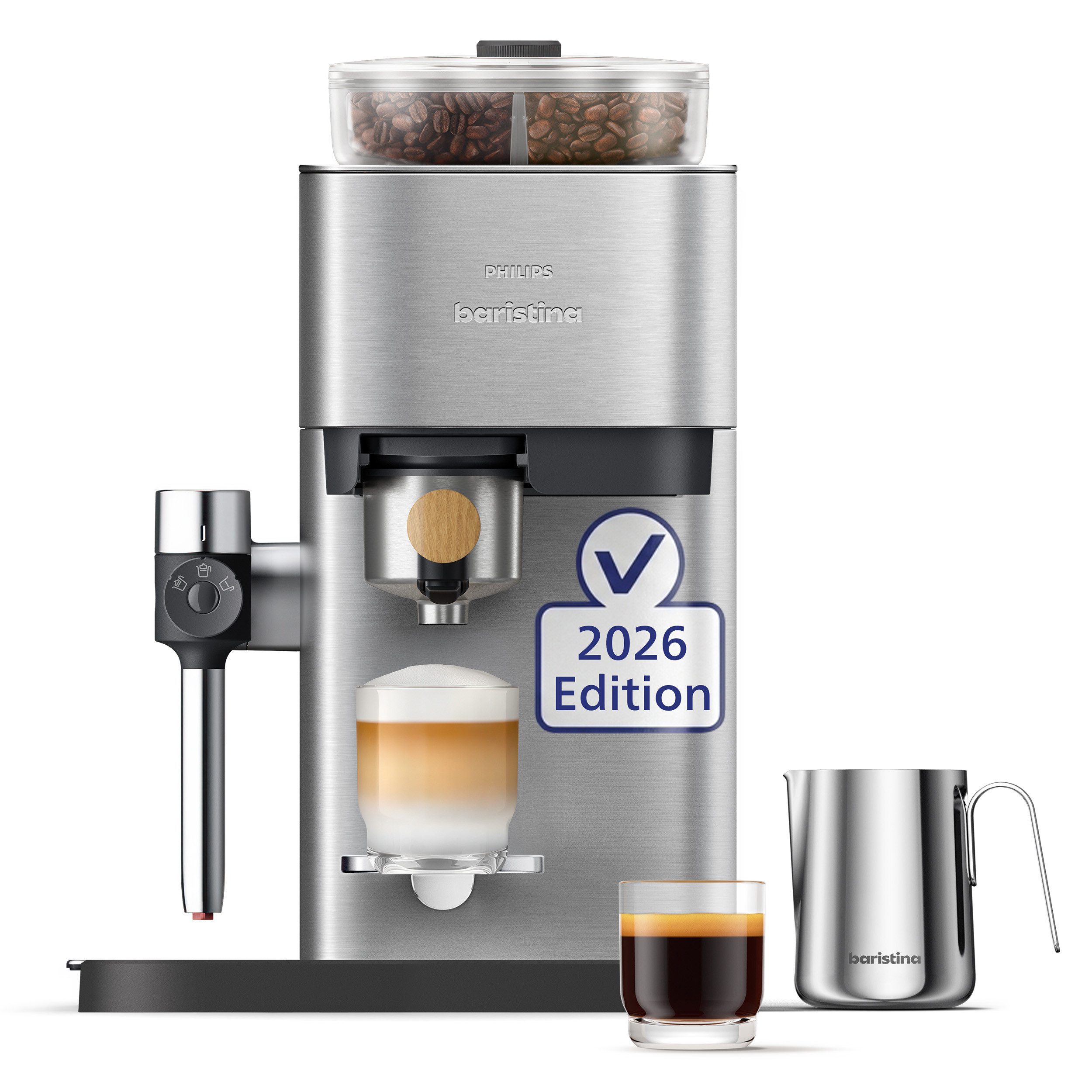 PHILIPS baristina Espressomaschine Latte Plus BAR700/00 mit Mahlwerk für ganze Bohnen, automatische Milchdüse, 16 bar Pumpendruck, Edelstahl/Eschenholz