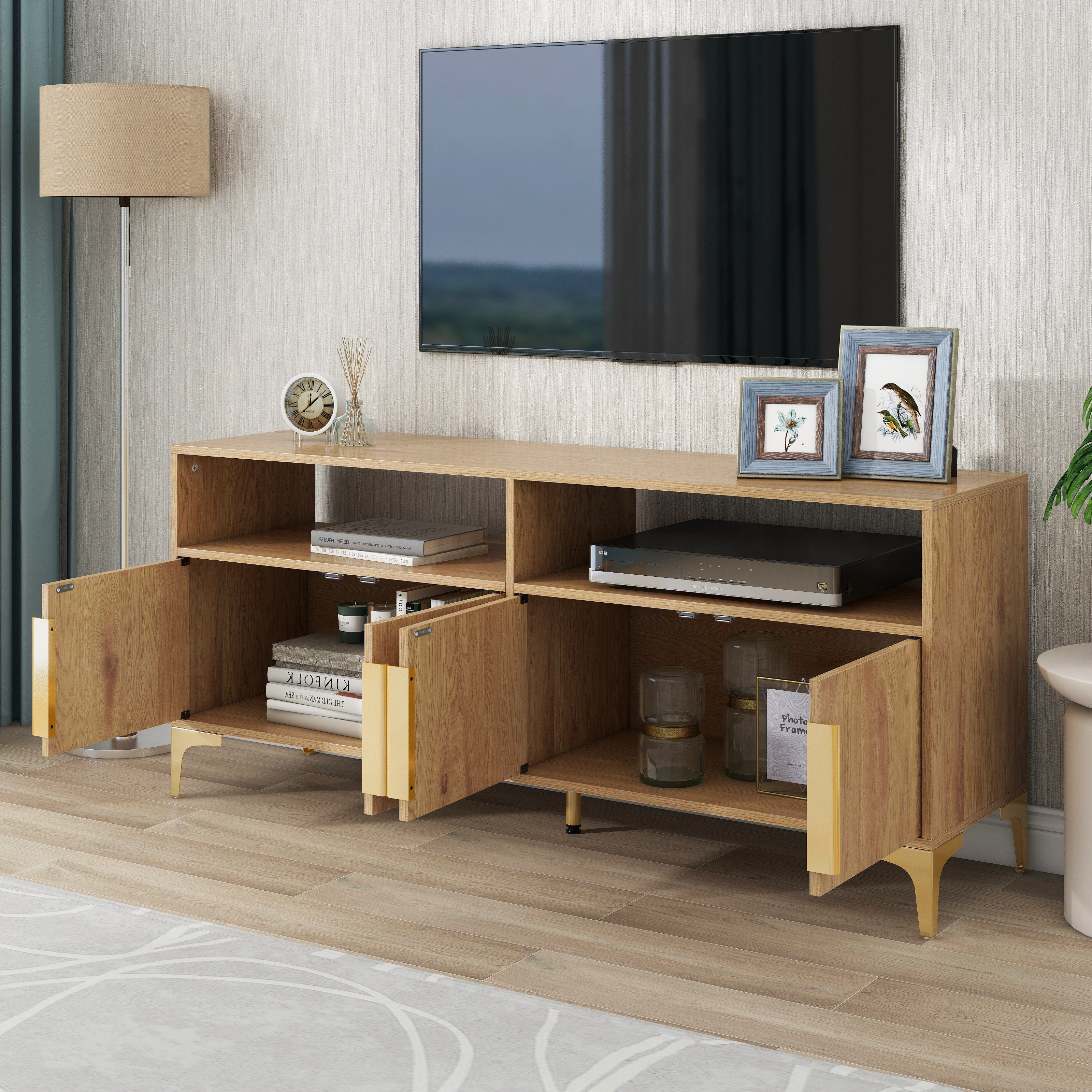 WISHDOR TV-Schrank Holz-TV-Ständer, 147 offenen für x 40 65 Fächern 2 cm bis 64 zu TV-Schrank Fernseher (für Zoll, (L/B/H) mit 4-türiger x Wohnzimmer