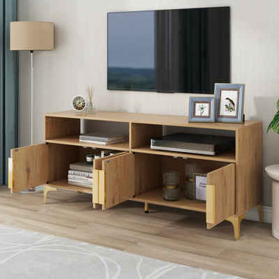 WISHDOR TV-Schrank Holz-TV-Ständer, 4-türiger TV-Schrank mit 2 offenen Fächern (für Wohnzimmer, für Fernseher bis zu 65 Zoll, 147 x 40 x 64 cm (L/B/H)