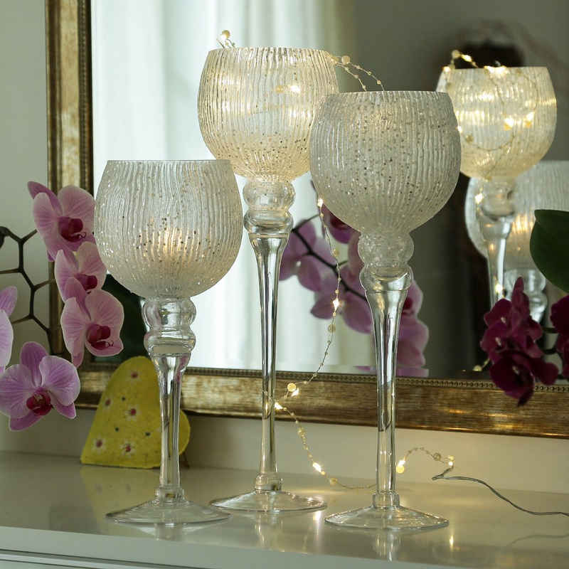 MARELIDA Kerzenhalter Kelch Glas Windlicht Teelichthalter 3 Höhen glitzernd weiß 3er Set (3 St)