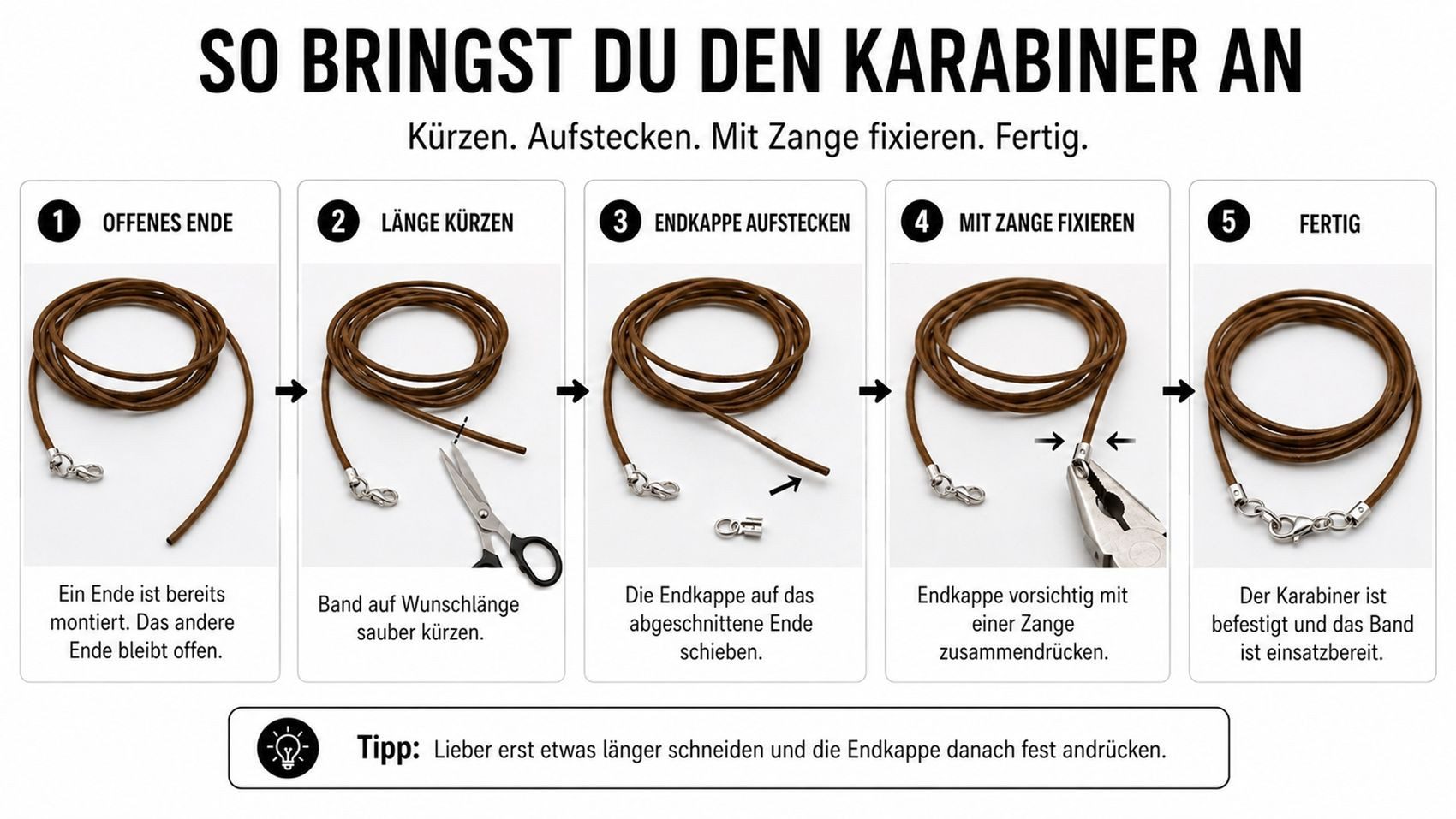 unbespielt Lederband Lederband Braun Karabinerverschluss Silberfarben Länge 1 m kürzbar, Modeschmuck für Damen und Herren – Bild 4 von 5