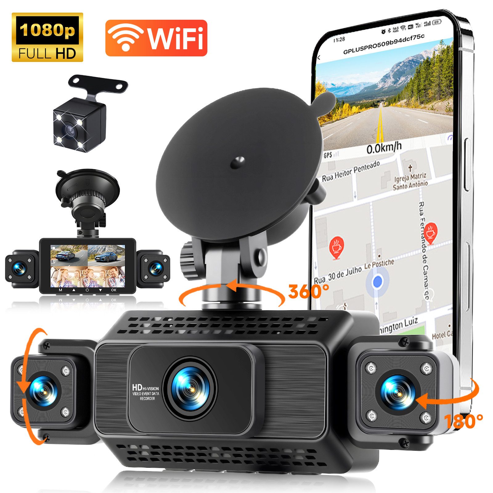 Hikity Dashcam Auto, 3-Zoll 1080P Dashcam 4 Linsen Wi-Fi, Auto kamera Dashcam Dashcam (HD, G-Sensor, Nachtsicht, Loop-Aufnahme)