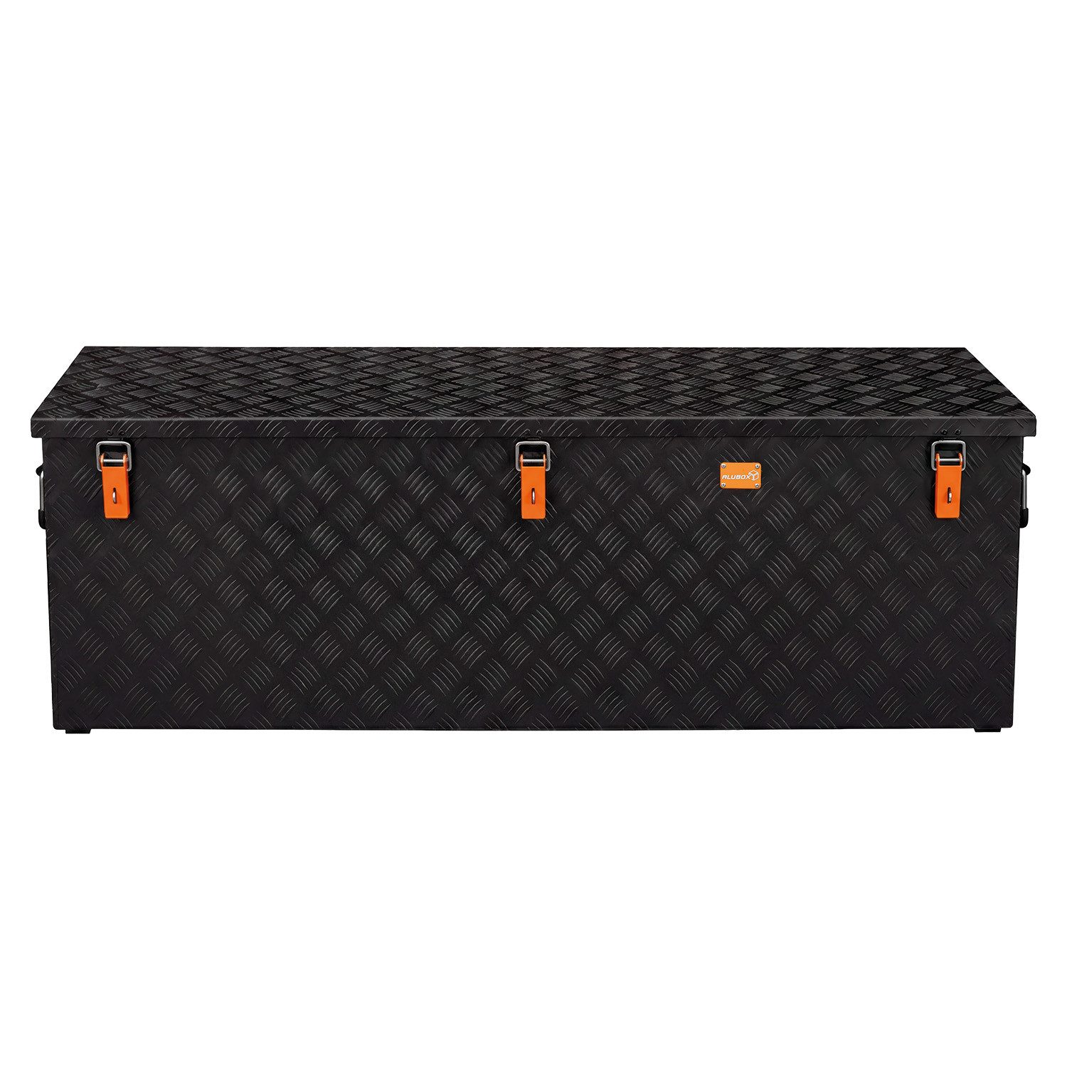ALUBOX Aufbewahrungsbox Riffelblech Gartenbox outdoor Alukiste schwarz (375 Liter), Fangbänder im Deckel - 4 Standfüße mit M10 Innenwinde - abschließbar